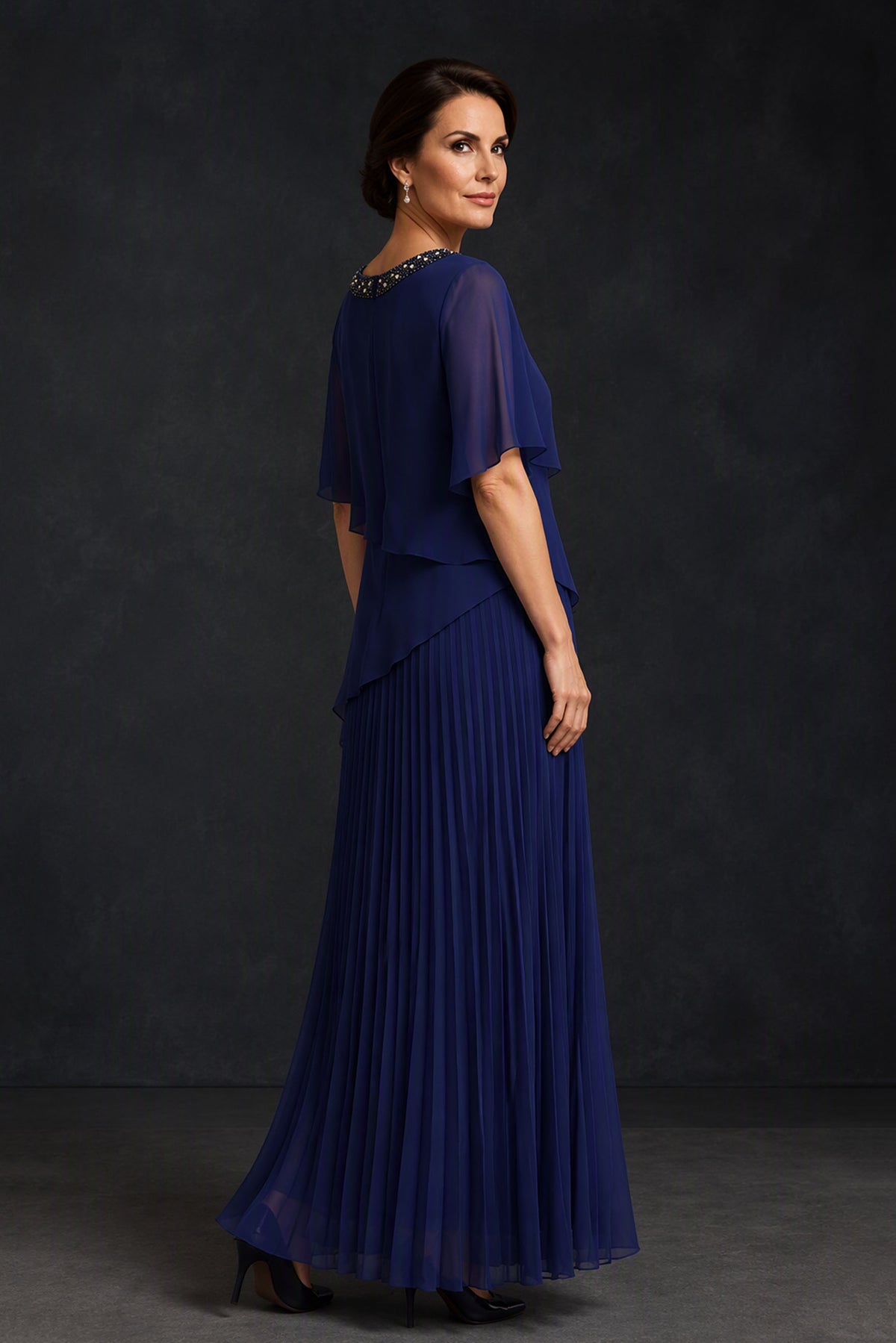 BOLODOO Navy Blue Pearl Beaded Flutter Sleeve Pleated Chiffon Maxi Dress - Front Full Length