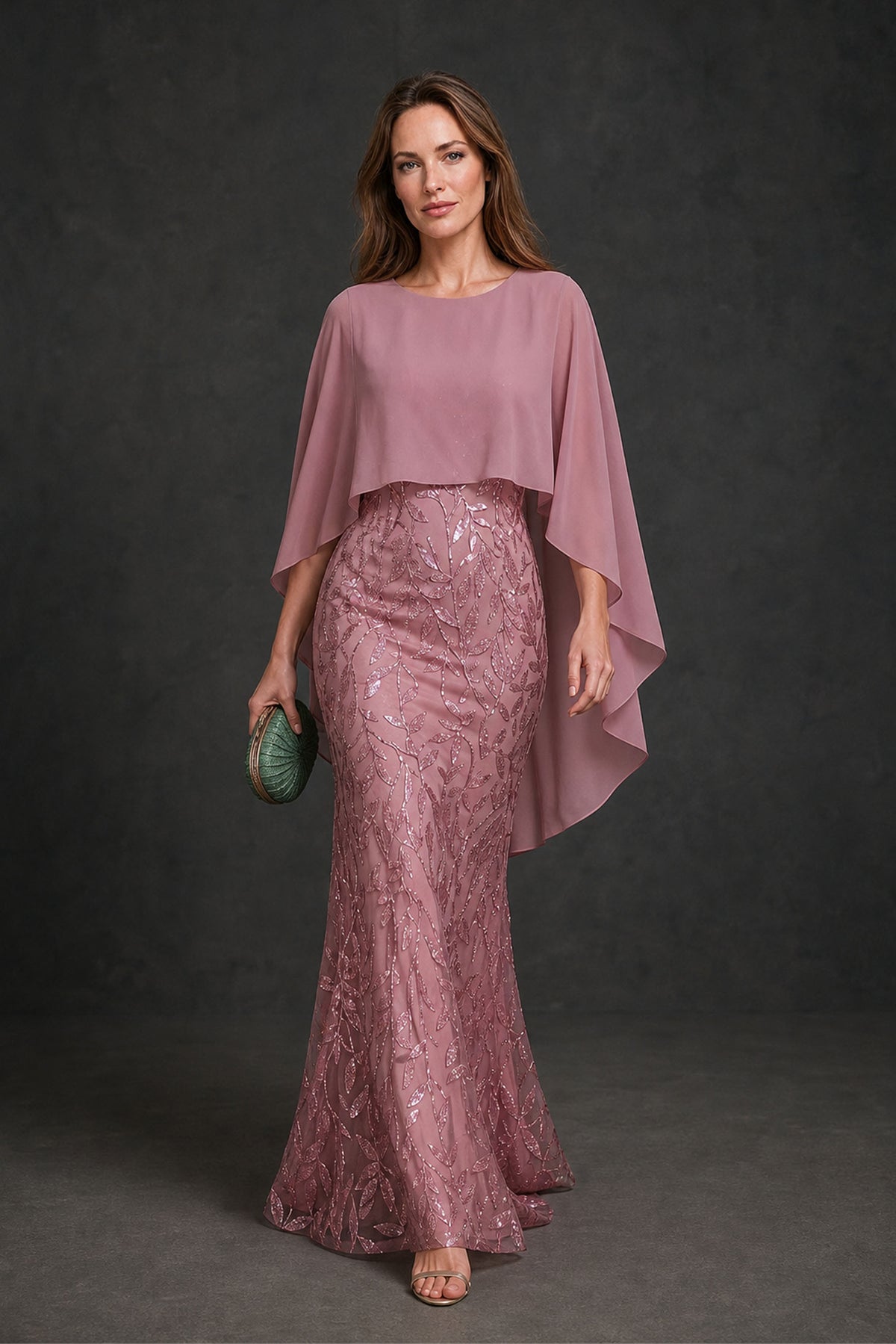 BOLODOO Dusty Rose Chiffon Cape Overlay Sequin Lace Mermaid Maxi Dress - Front View