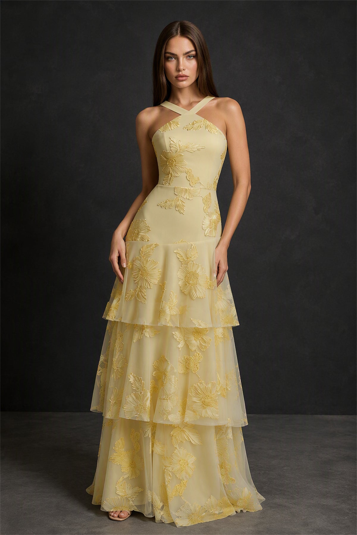 BOLODOO Yellow Crisscross Halter Gold Floral Embroidered Triple Tiered Tulle Maxi Dress - Front View