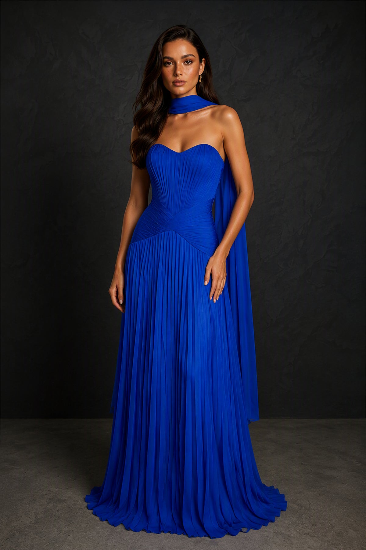 BOLODOO Royal Blue Sweetheart Strapless Neck Scarf Pleated Backless Maxi Dress - Front View