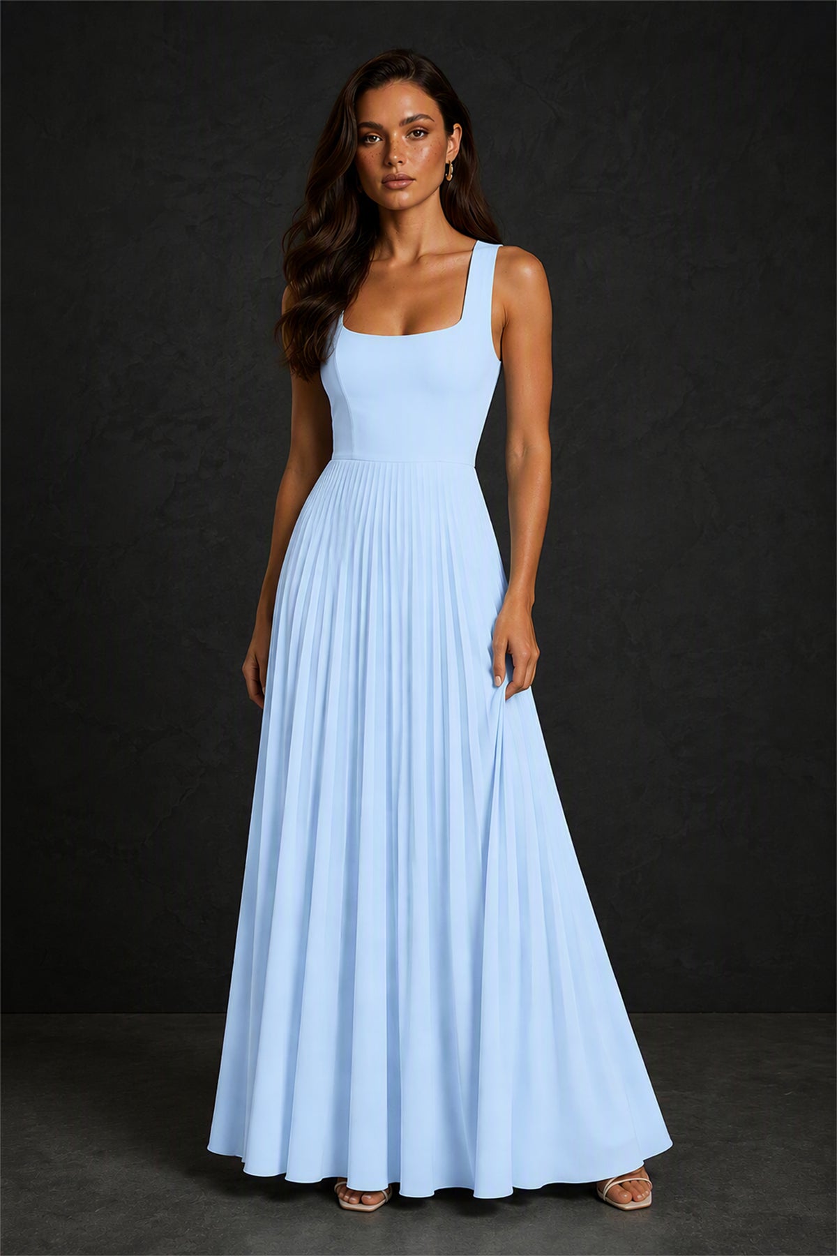 BOLODOO Light Blue Square Neck Wide Strap Lace-Up Back Pleated A-Line Chiffon Maxi Dress - Front Full Length