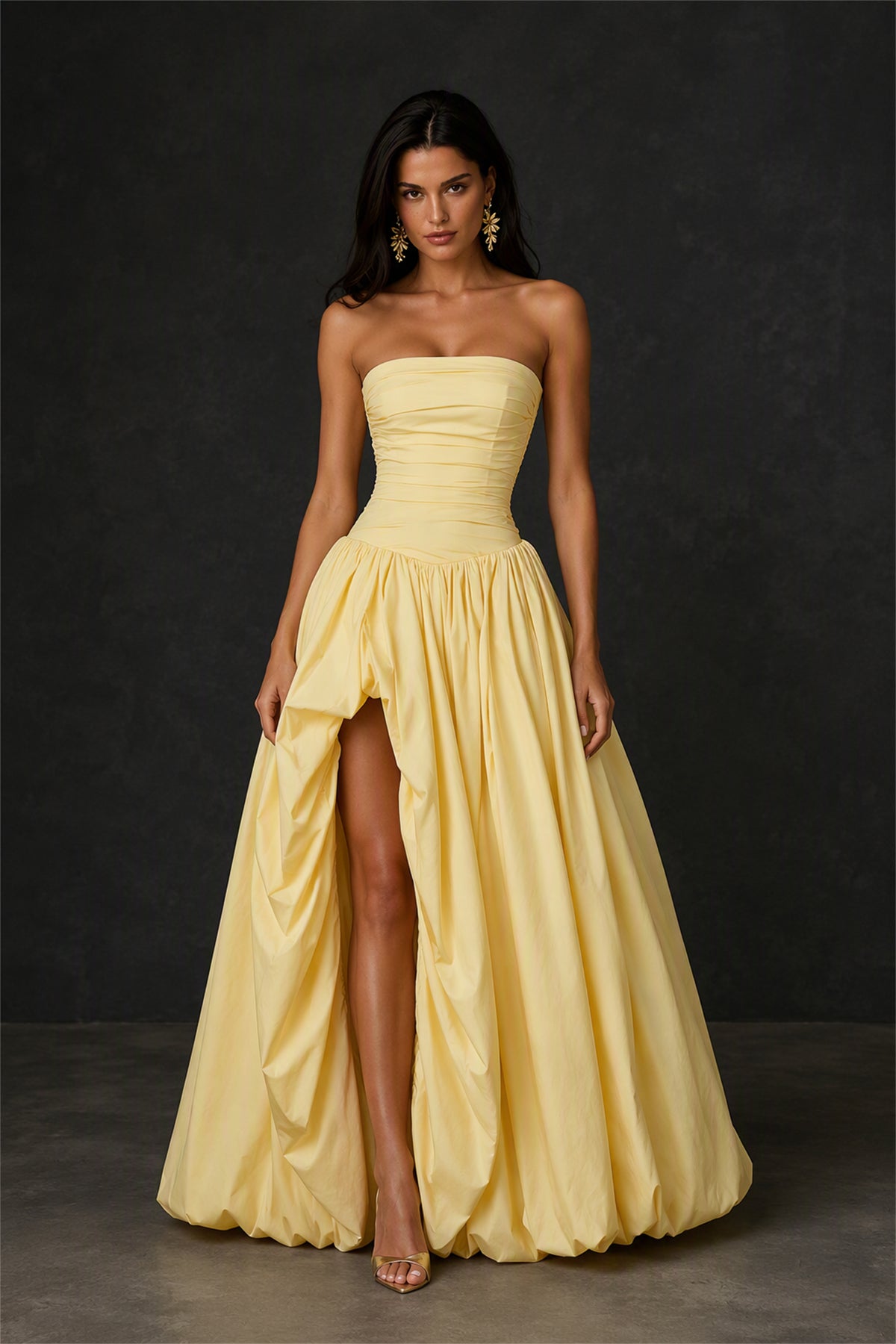 BOLODOO Yellow Strapless Ruched Corset Bubble Skirt High Slit Taffeta Maxi Dress - Front View