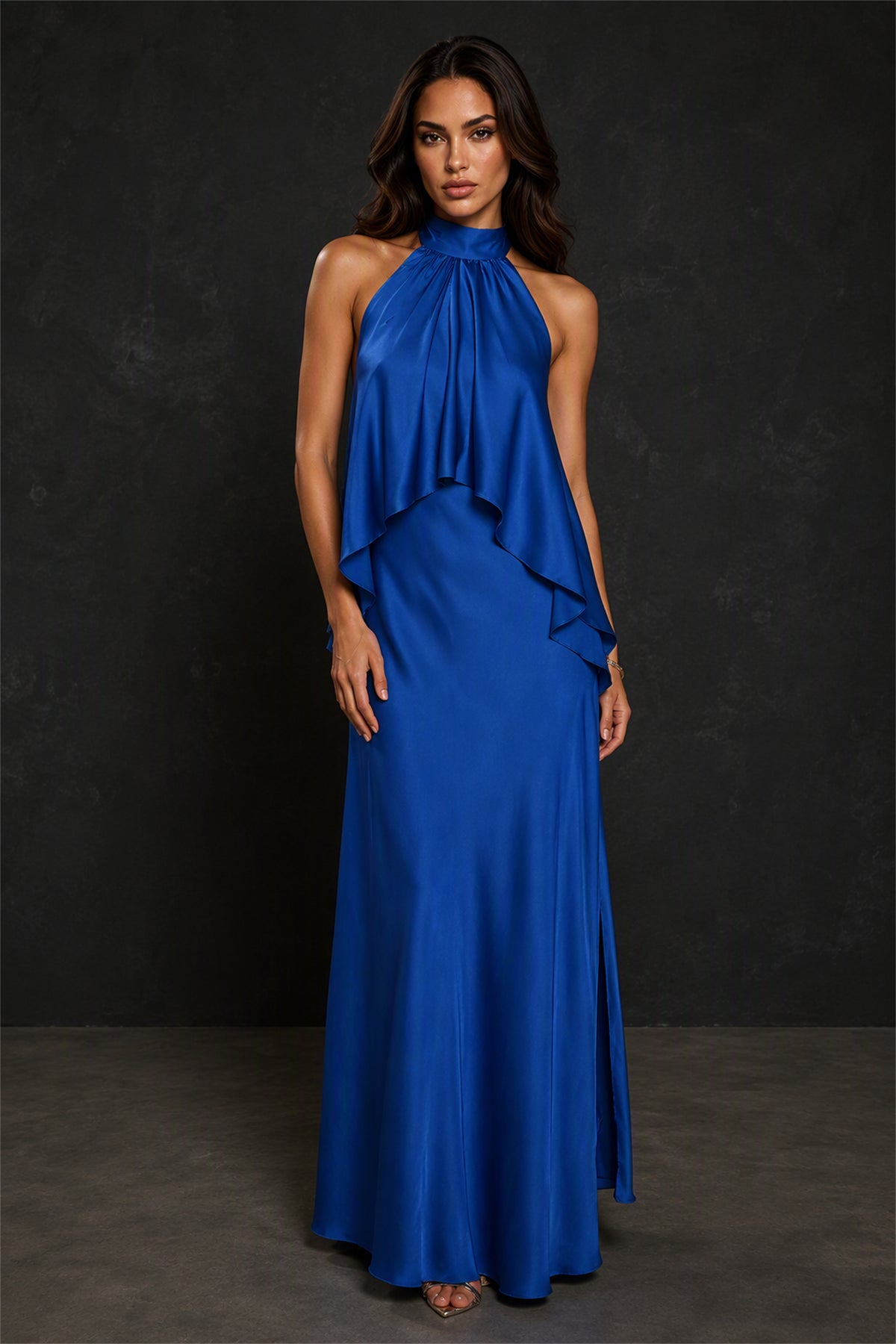 BOLODOO Royal Blue Halter Neck Cascading Ruffle Cape Open Back Side Slit Satin Maxi Dress - Front View