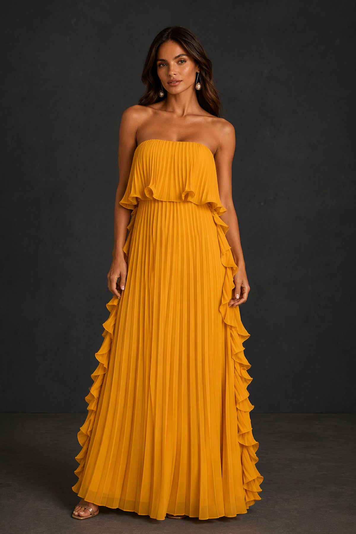 BOLODOO Golden Yellow Strapless Ruffle Bodice Dual Cascading Ruffle Accordion Pleated Chiffon Maxi Dress - Front Full Skirt View