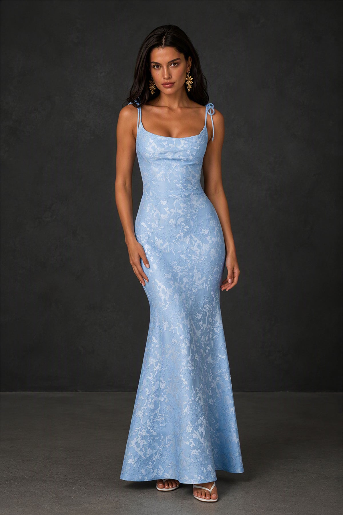BOLODOO Light Blue Scoop Neck Tie Strap Lace-Up Back Floral Jacquard Mermaid Maxi Dress - Front View