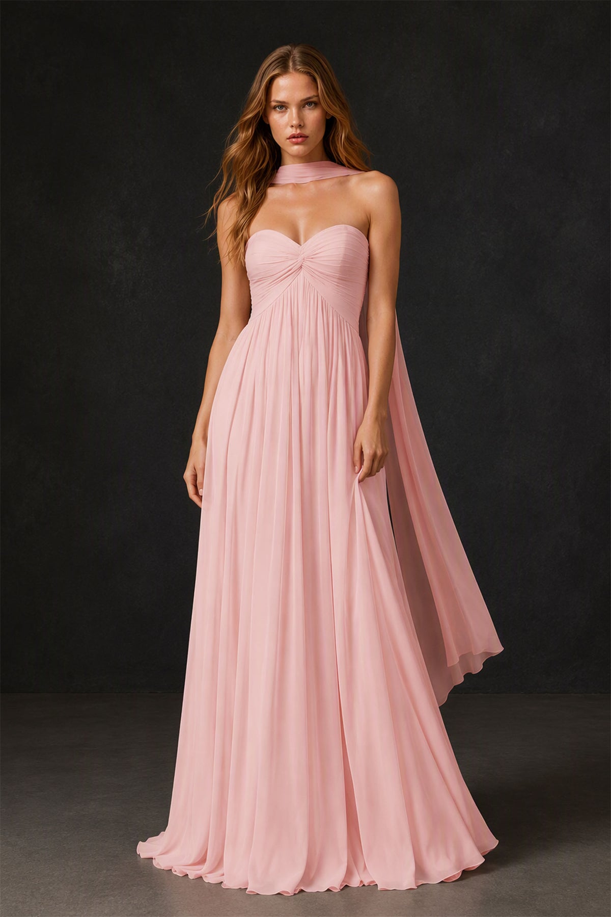 BOLODOO Blush Pink Sweetheart Strapless Twist Knot Detached Halter Scarf Lace-Up Back Chiffon Maxi Dress - Front View