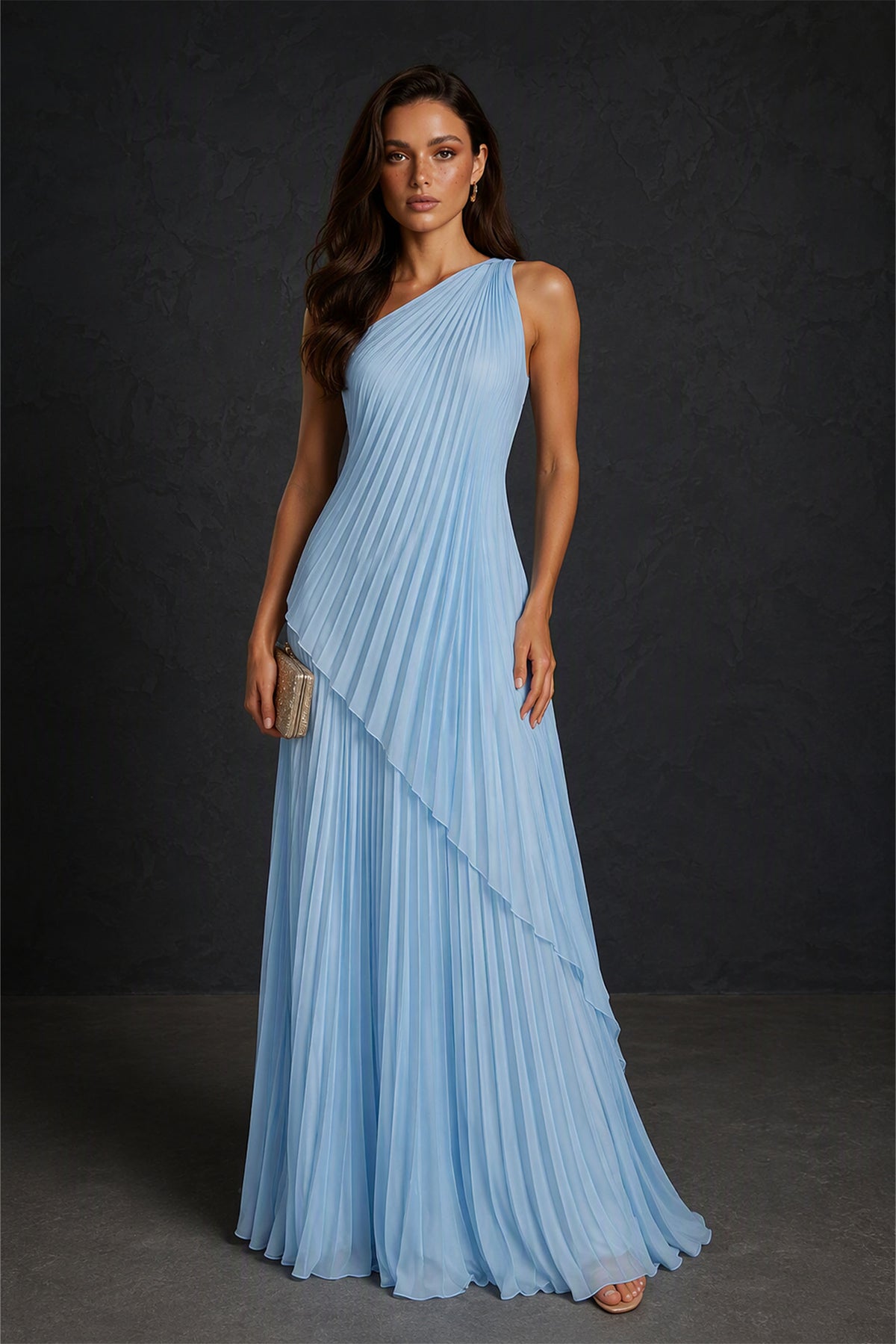 BOLODOO Light Blue One-Shoulder Sunburst Pleated Asymmetric Layered Overlay Chiffon Maxi Dress - Front View