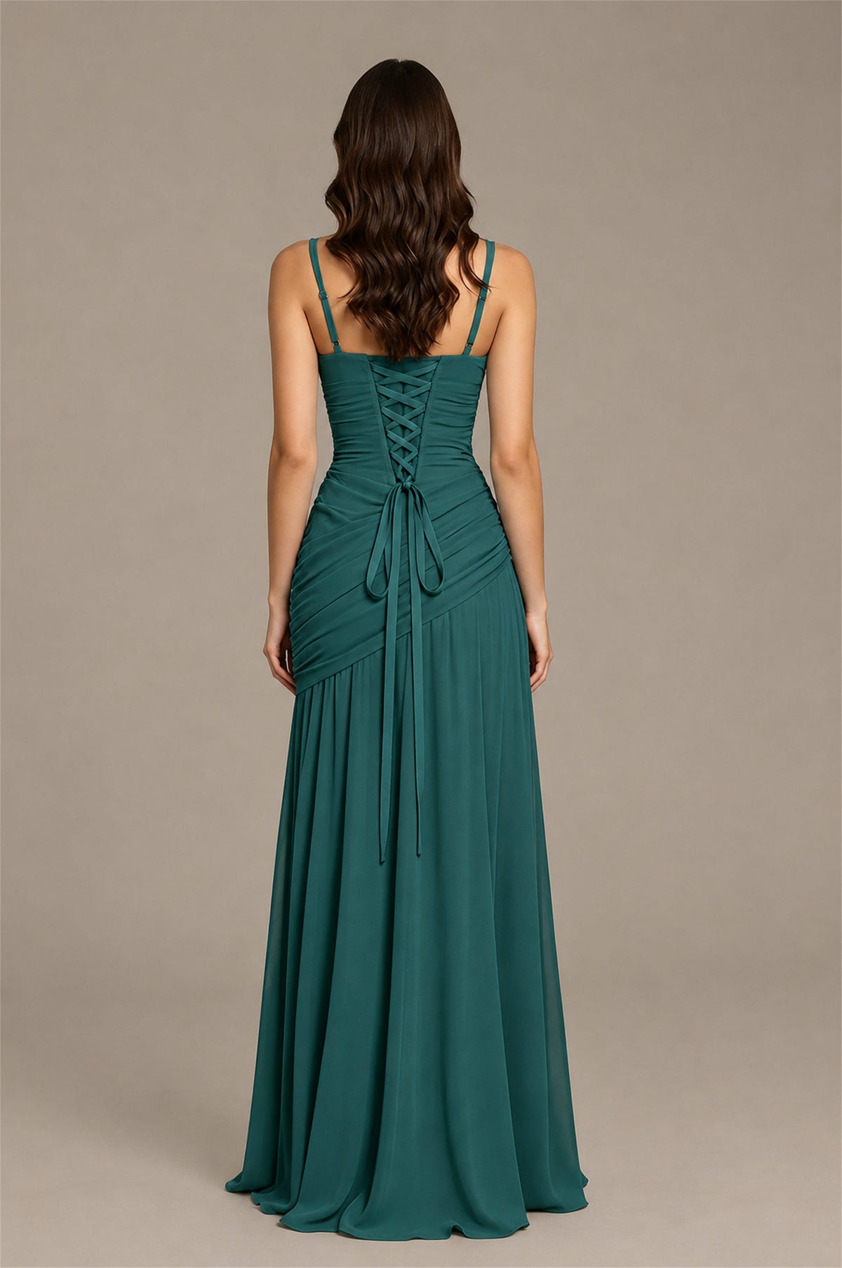 BOLODOO Tael Spaghetti Strap Ruched Maxi Dress – Formal Evening Gown with Slit - Tael
