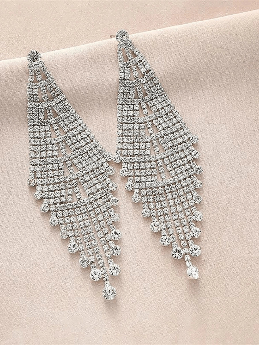 Tassel Silver Dangle Simple Rhinestones Long Earrings