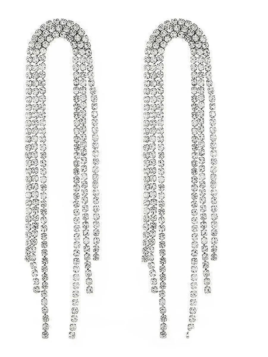 Tassel Silver Rhinestones Long Chain Earrings