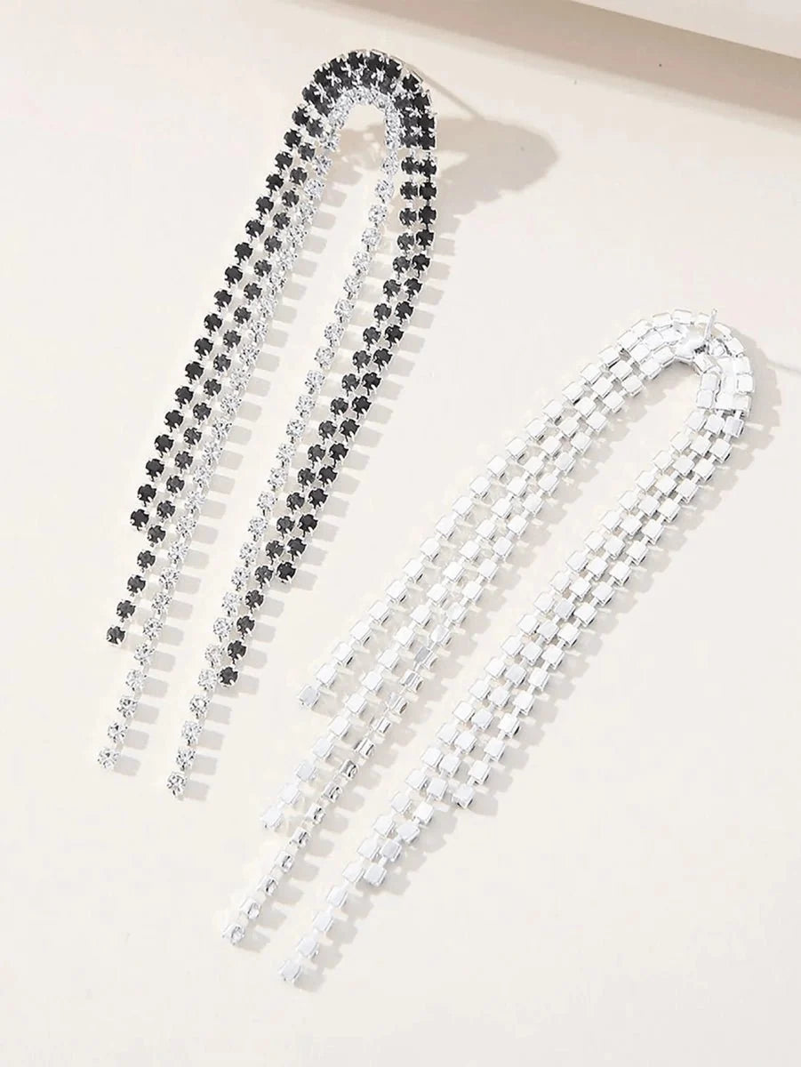Tassel Silver Rhinestones Long Chain Earrings