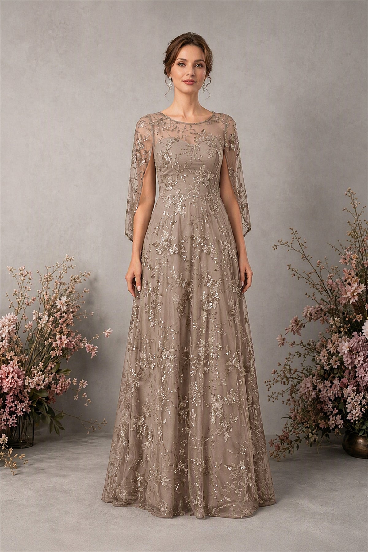 BOLODOO Taupe Sequin Lace Cape Sleeve Formal Evening Gown - Taupe
