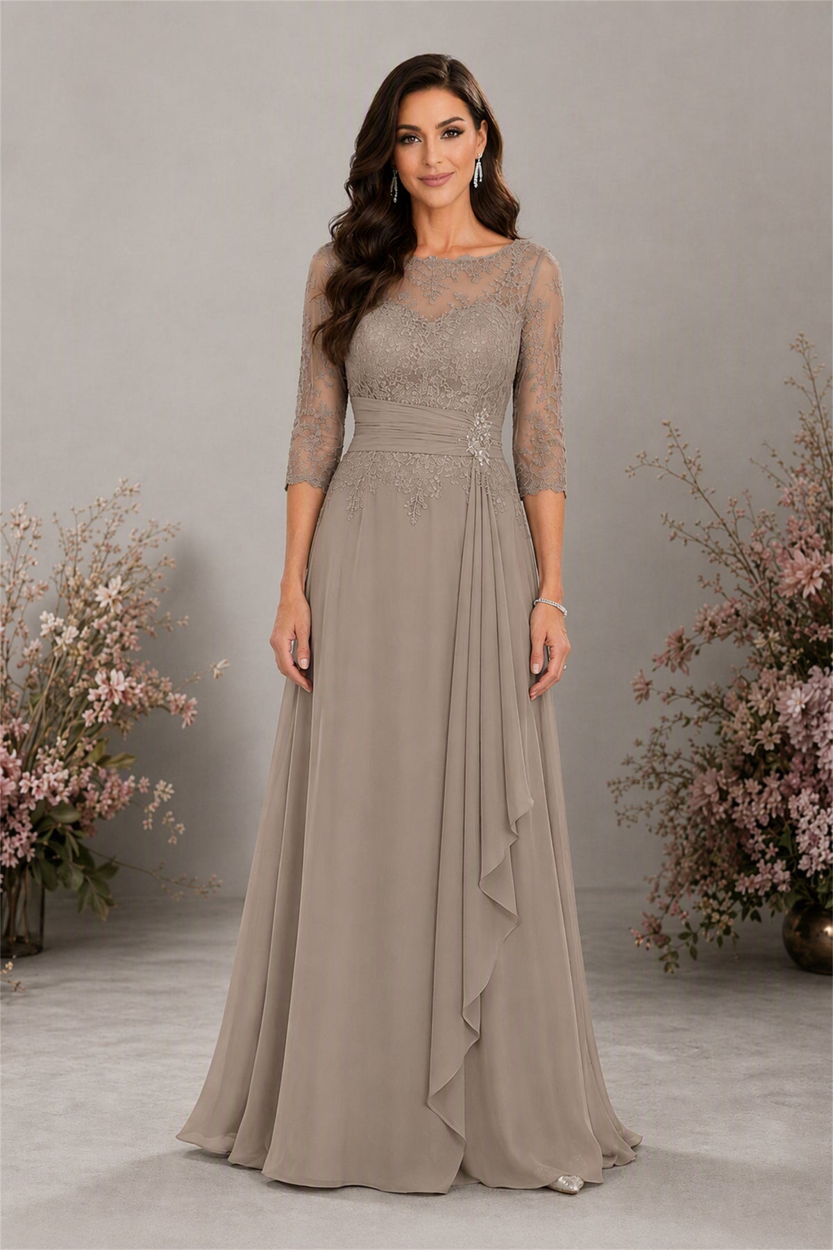 BOLODOO Taupe Chiffon Lace 3/4 Sleeve Floor Length Formal Evening Gown - Taupe