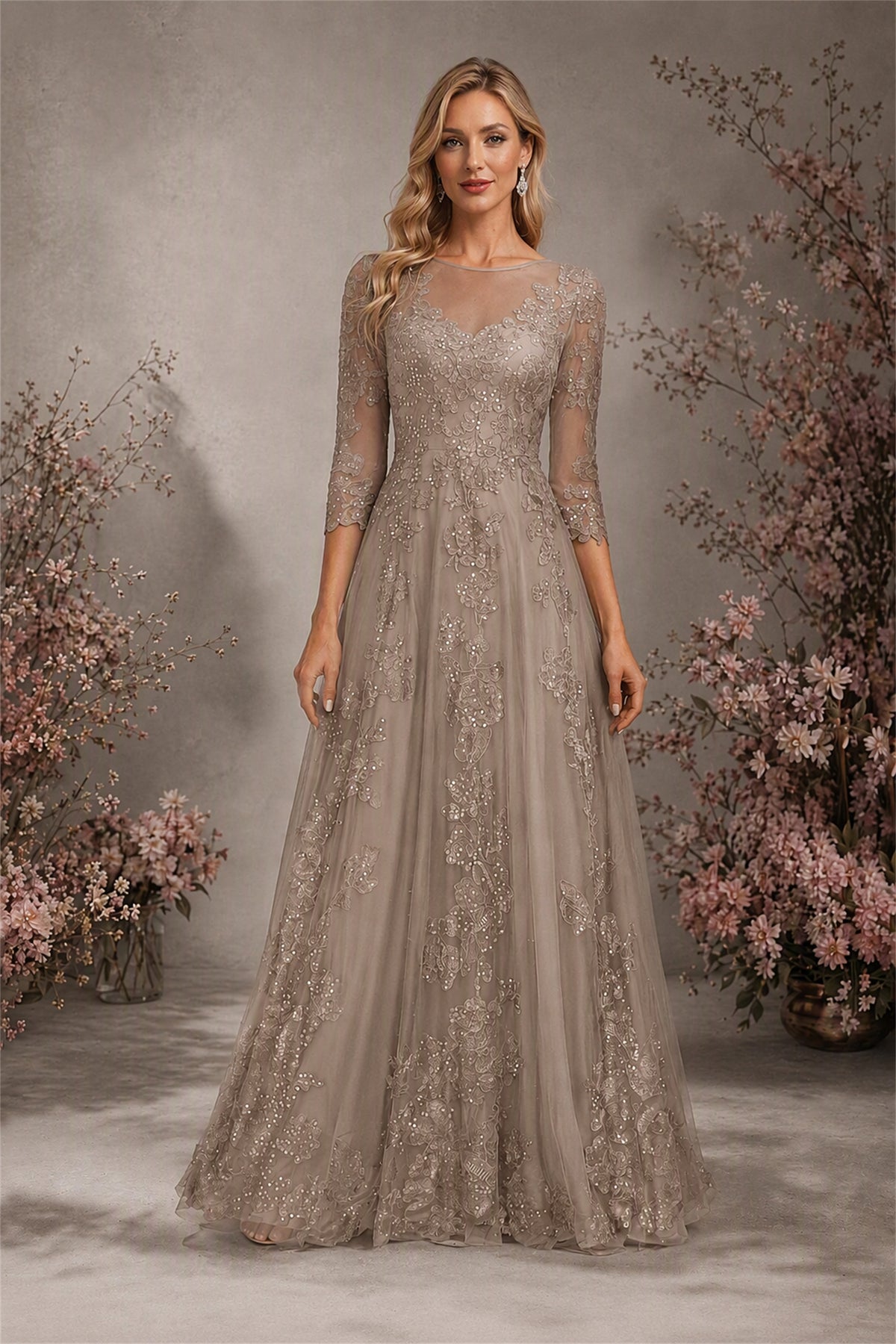 BOLODOO Taupe Sequin Lace 3/4 Sleeve Open Back Formal Evening Gown - Taupe
