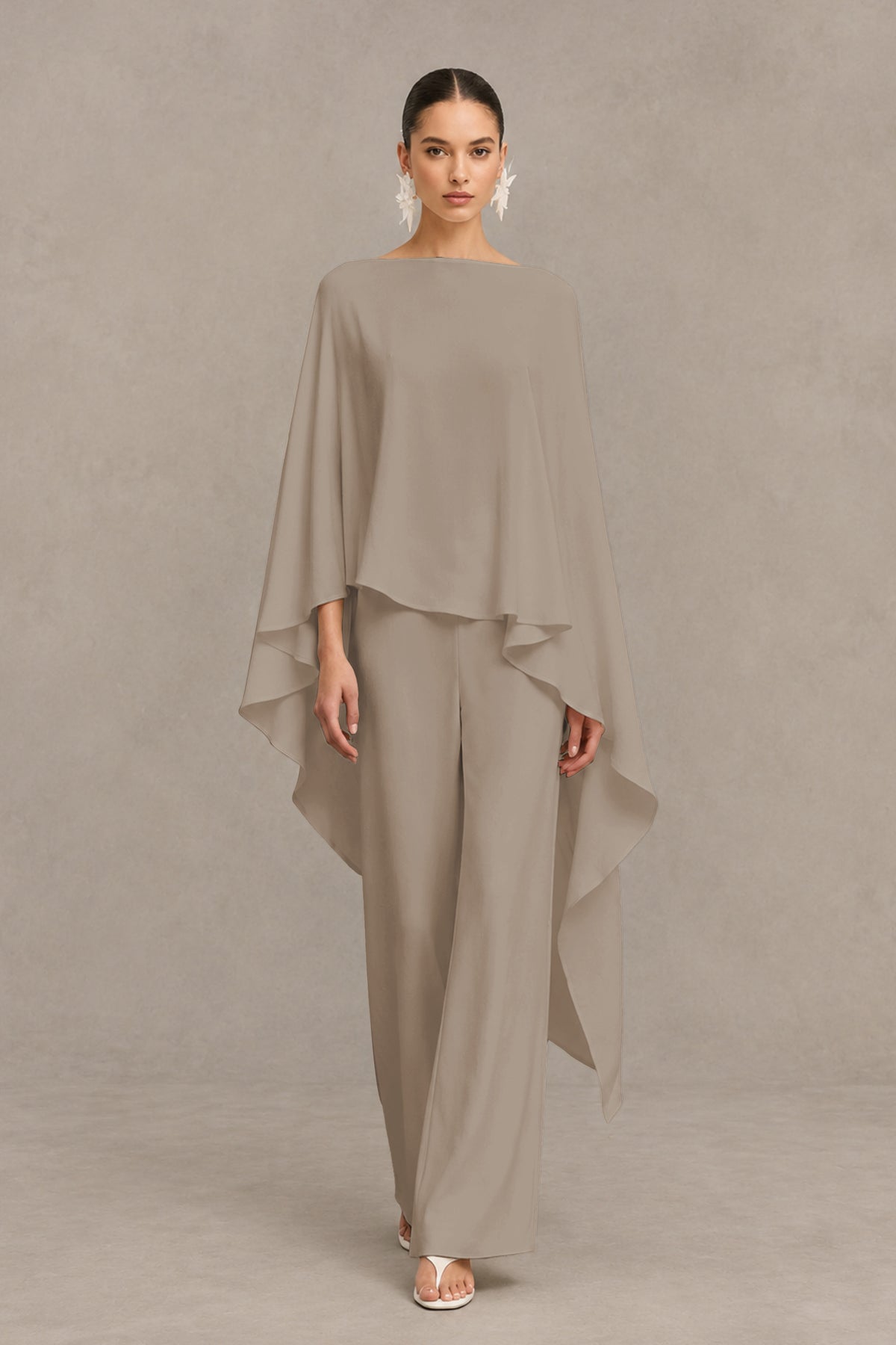 BOLODOO Taupe Cape Sleeve Wide-Leg Formal Pantsuit - Taupe - Taupe_01