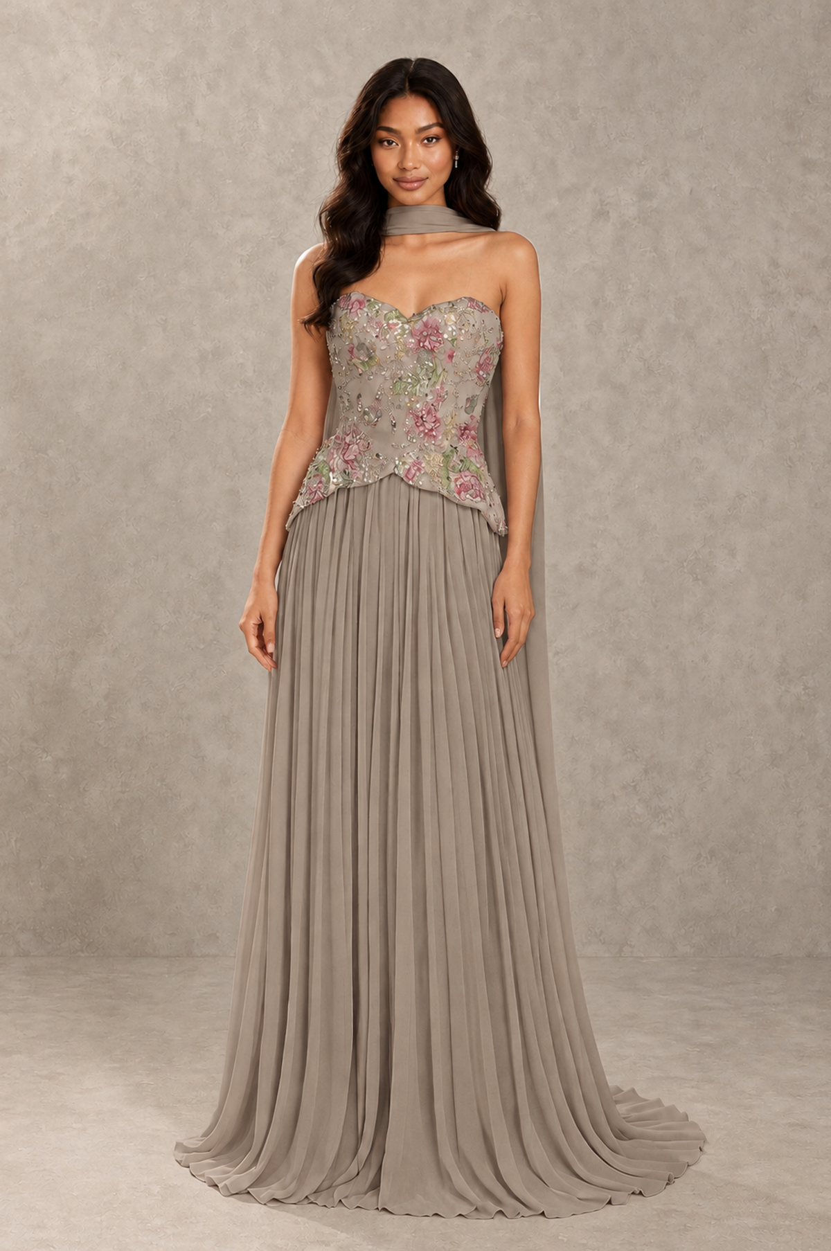 BOLODOO Taupe Strapless Beaded Floral Corset Chiffon Maxi Gown – Open Back Prom & Formal Evening Dress - Taupe - Taupe_01