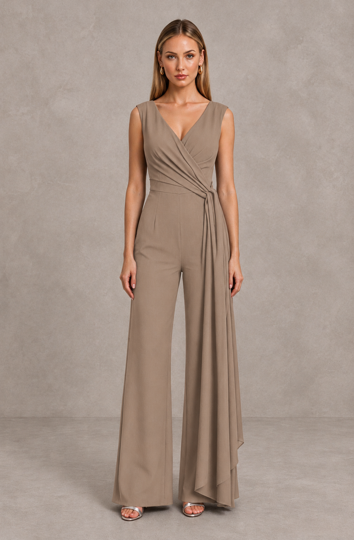 BOLODOO Taupe Sleeveless V-Neck Wide-Leg Jumpsuit with Side Drape - Taupe - Taupe_01