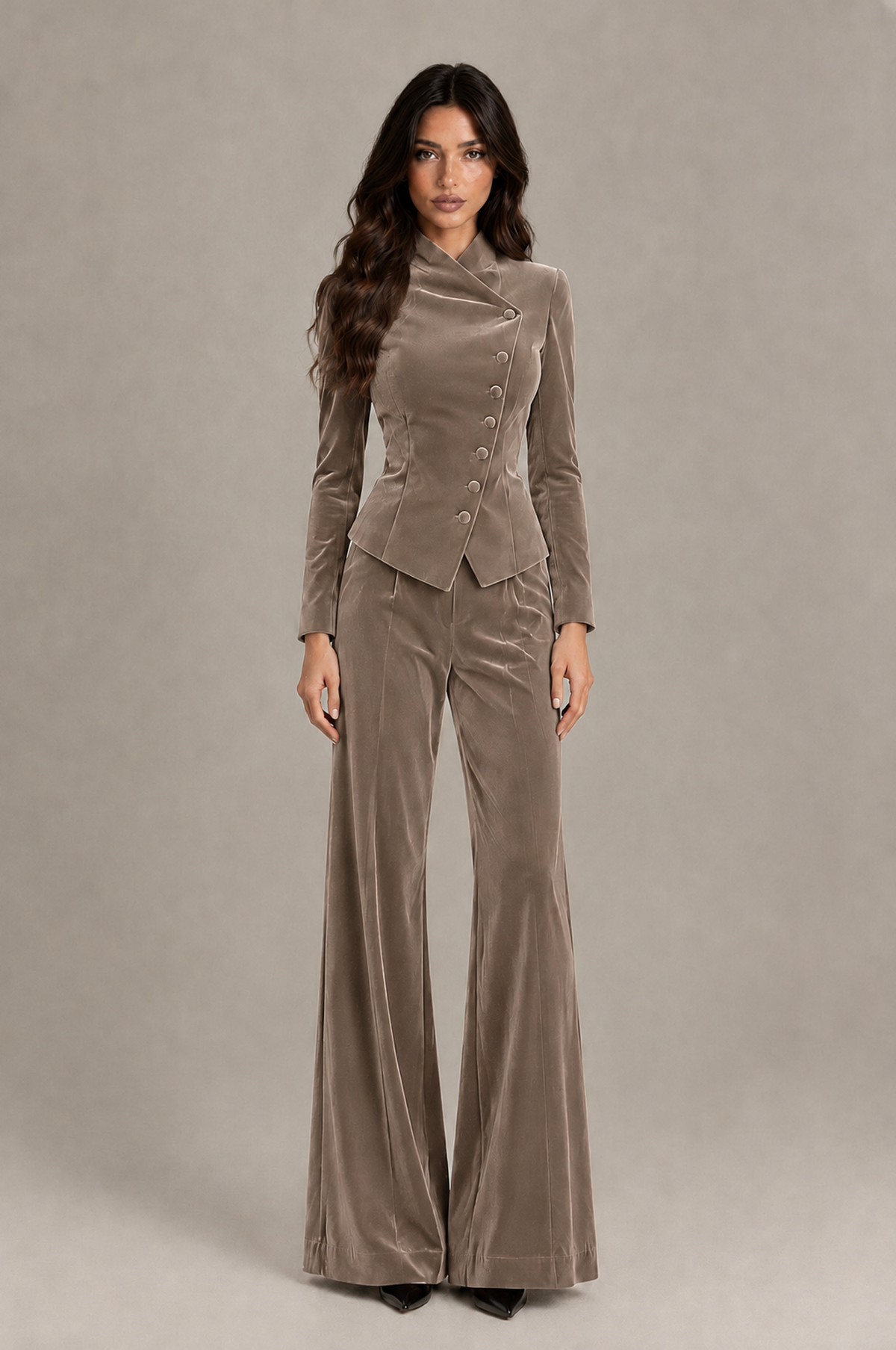 BOLODOO Taupe Velvet Two-Piece Pantsuit with Long Sleeve Blazer & Wide-Leg Trousers - Taupe - Taupe_01