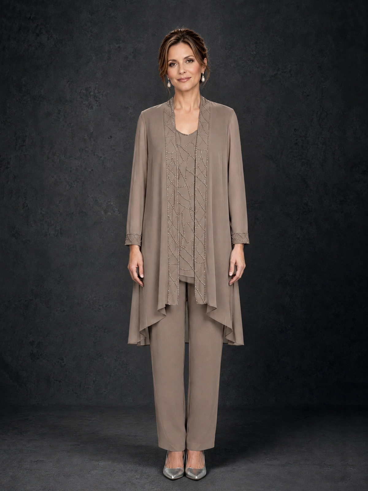 BOLODOO Taupe 3-Piece Beaded Chiffon Duster Jacket Pant Suit - Taupe - Taupe_01