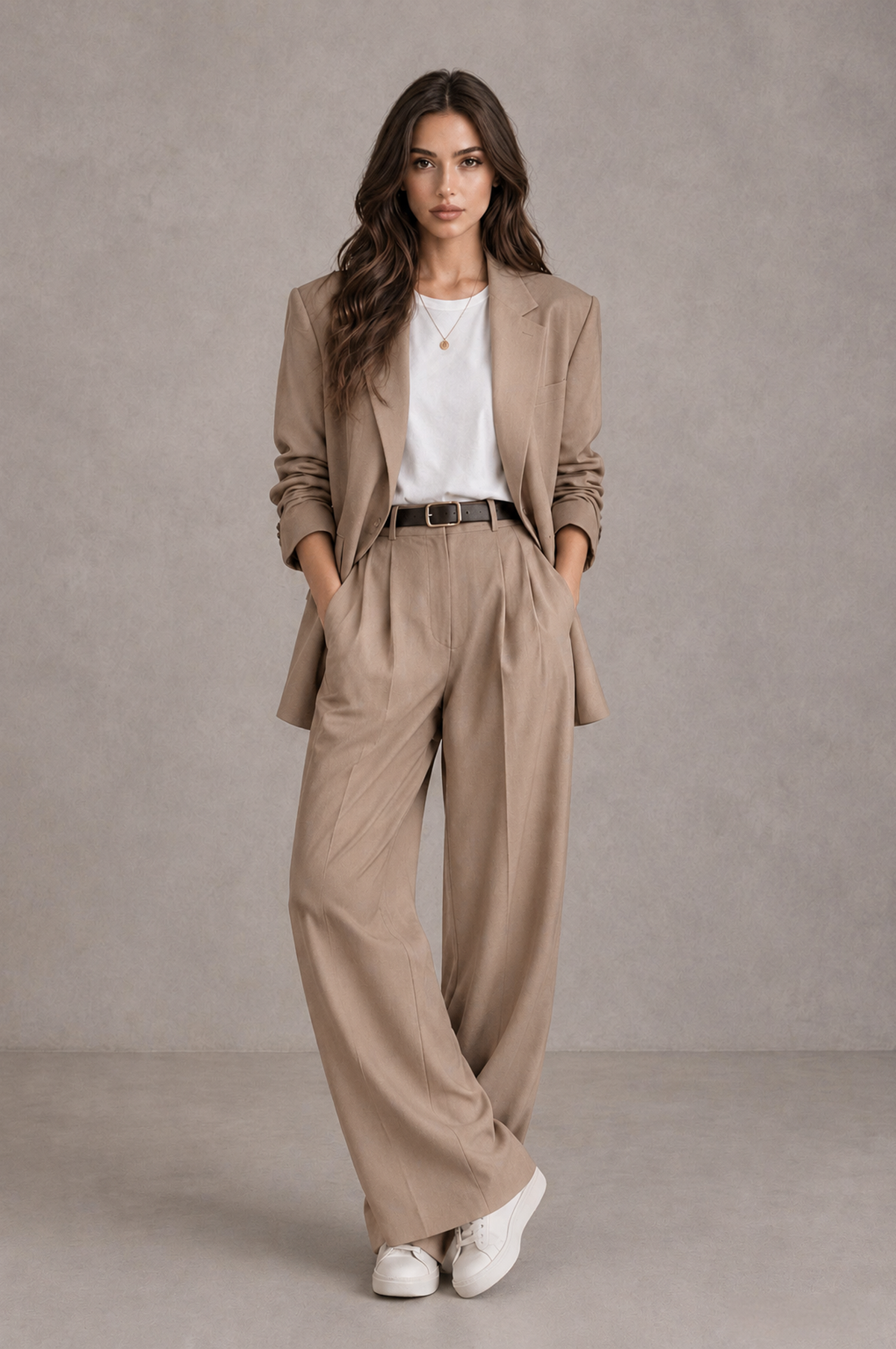 BOLODOO Taupe Brown Blazer & Wide-Leg Pants Suit for Women - Taupe - Taupe_01