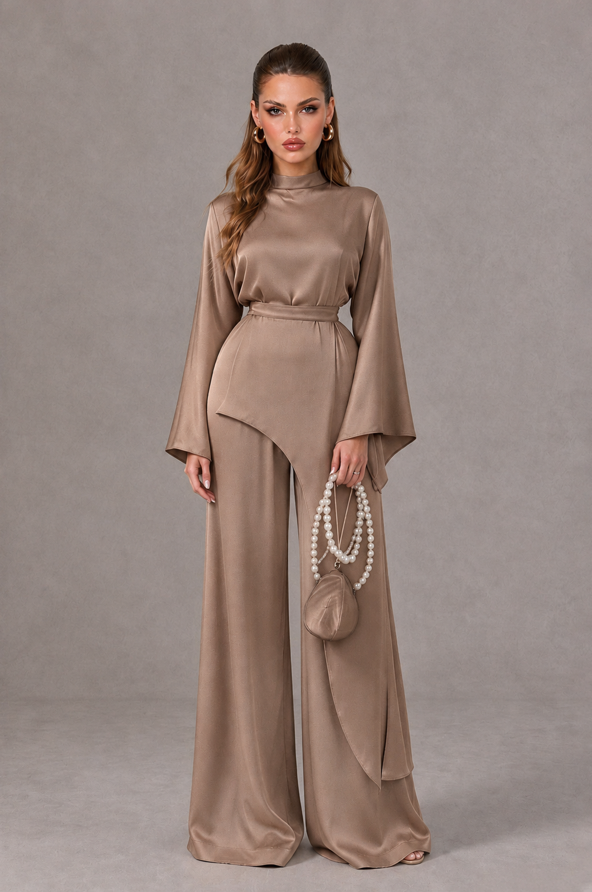 BOLODOO Taupe Satin-Look Long Sleeve Wide-Leg Jumpsuit - Taupe - Taupe_01