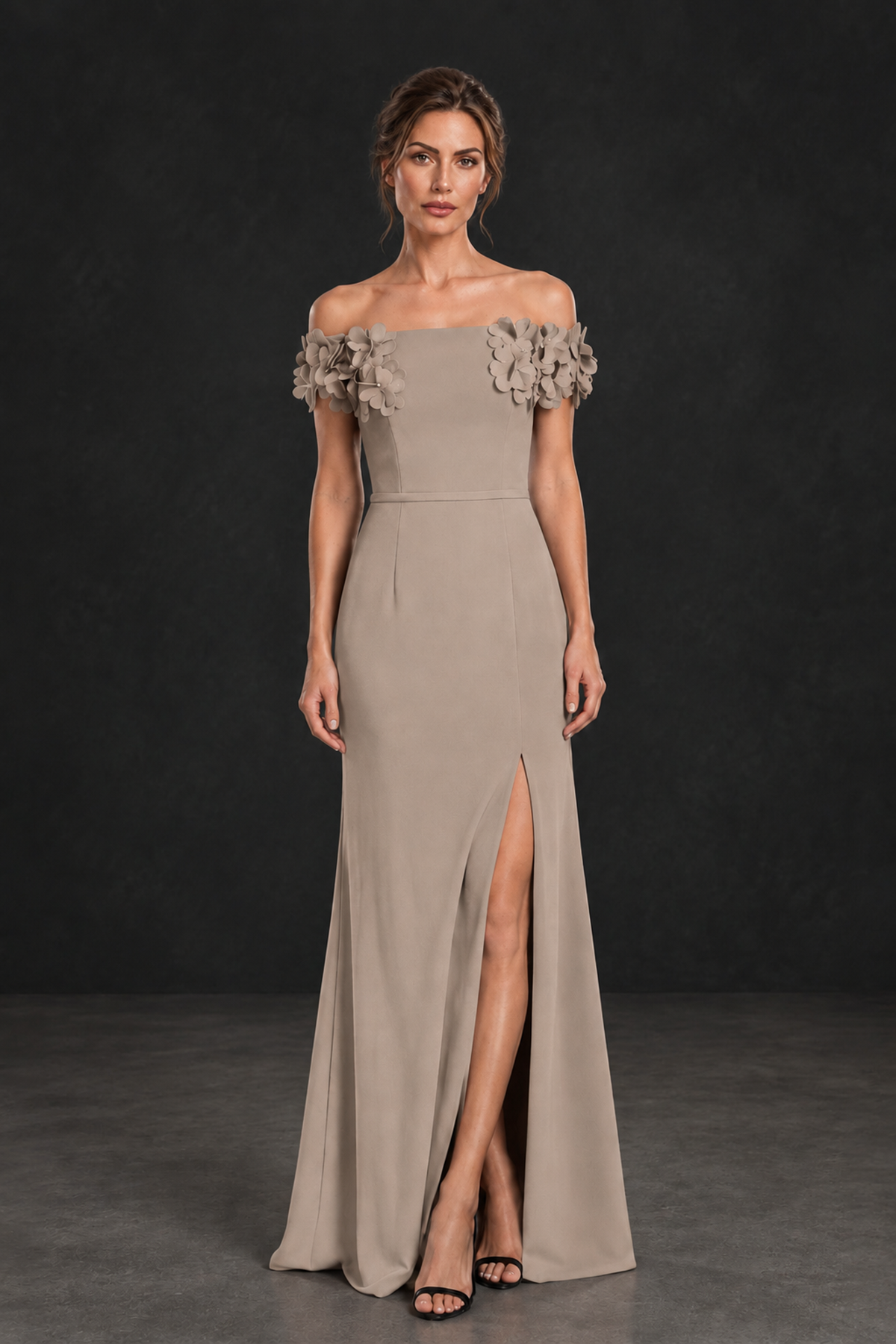 BOLODOO Taupe Off-the-Shoulder Mother of the Bride Dress with Floral Appliques - Taupe - Taupe_01