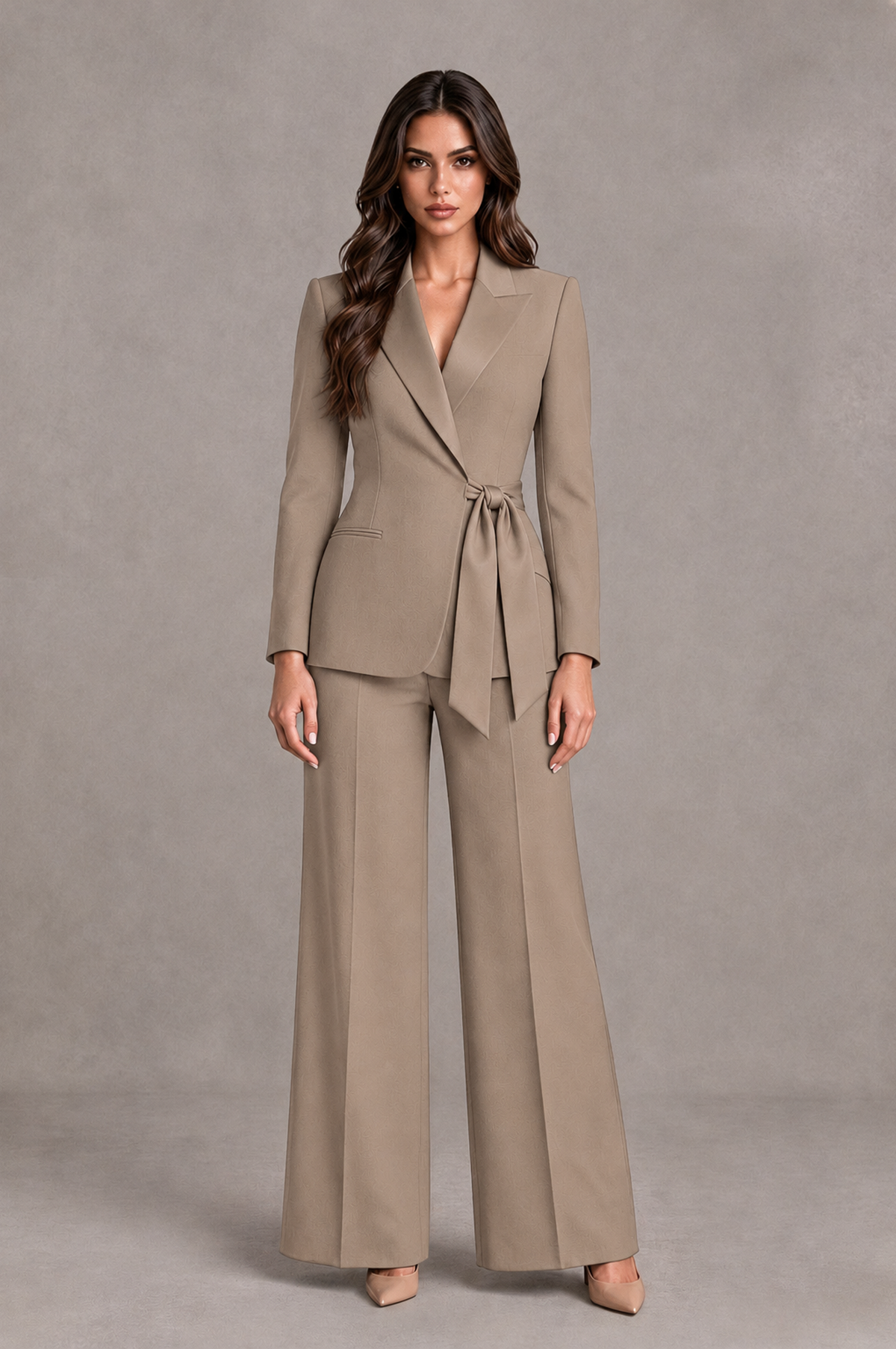 BOLODOO Taupe Tie-Waist Blazer & Wide-Leg Pantsuit - Taupe - Taupe_01