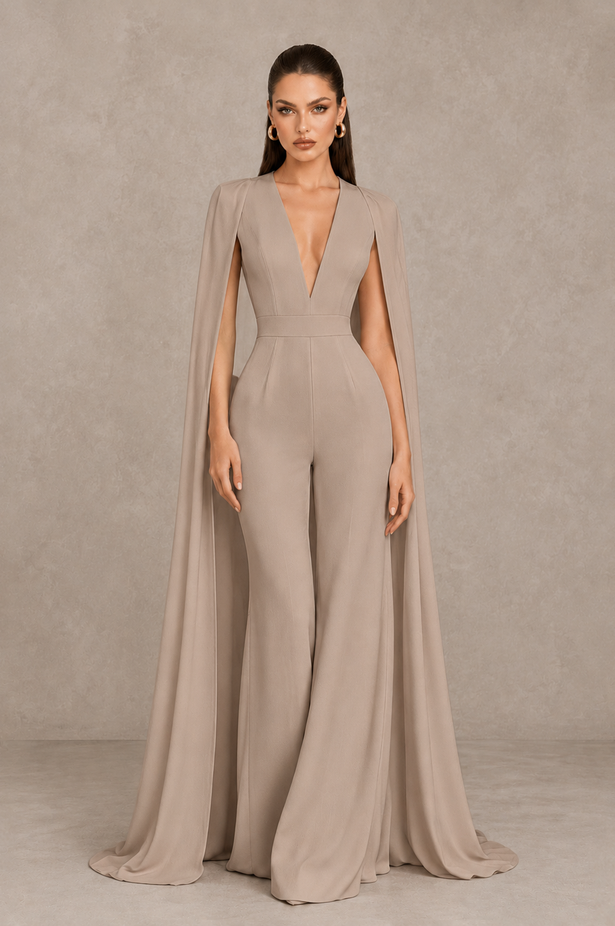 BOLODOO Taupe Deep V-Neck Cape Sleeve Bridal Jumpsuit - Taupe - Taupe_01