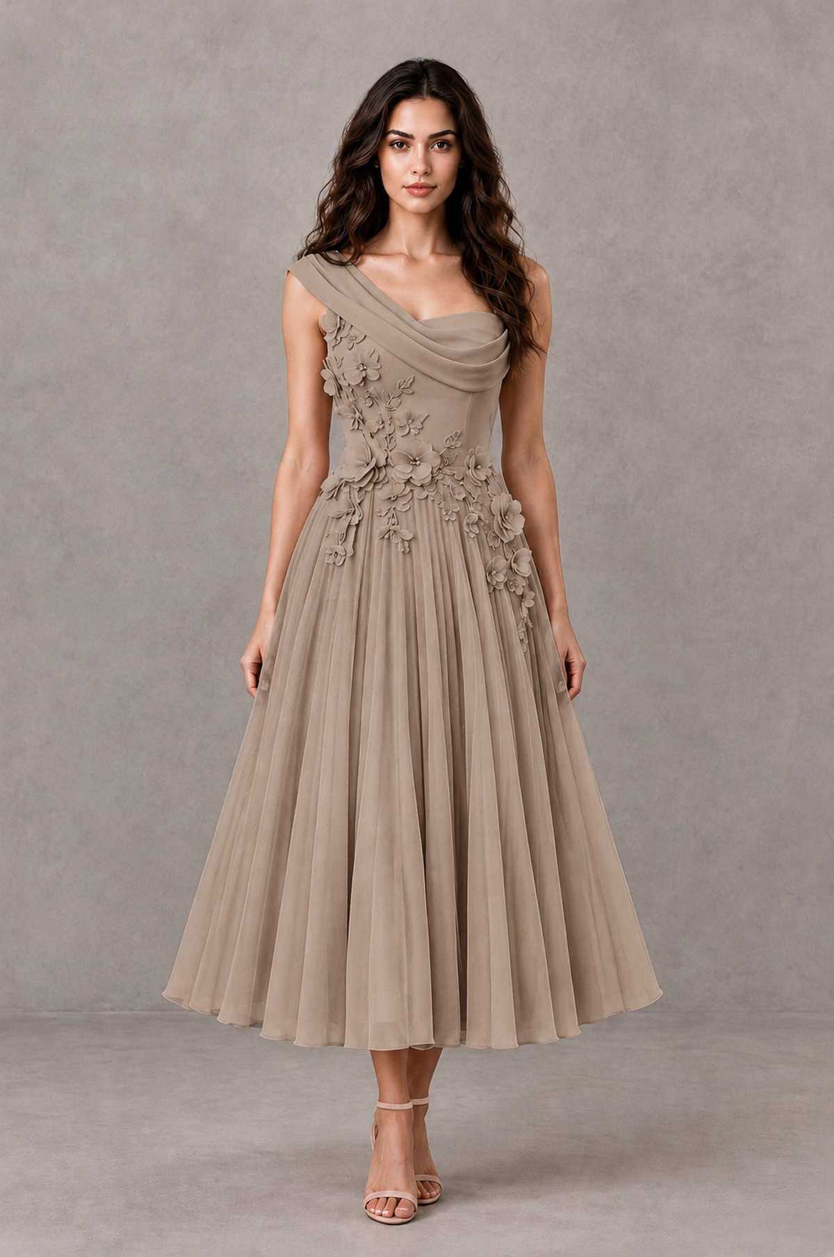 BOLODOO Taupe One-Shoulder Floral Tulle Tea-Length Dress - Taupe - Taupe_01