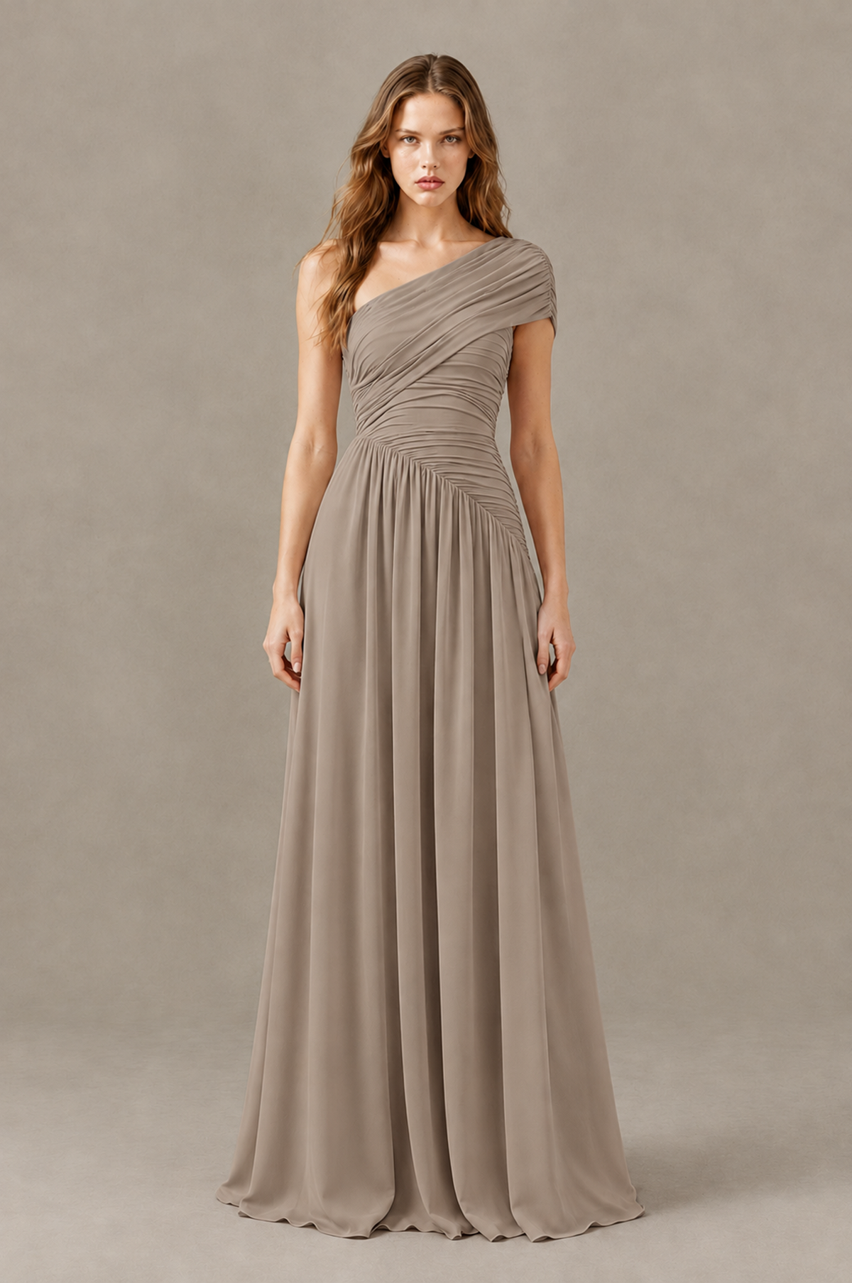 BOLODOO Taupe One-Shoulder Ruched Floor-Length Bridesmaid Dress - Taupe - Taupe_01