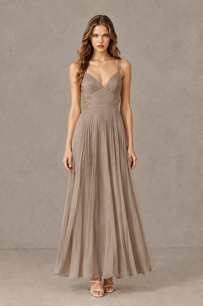 BOLODOO Taupe V-Neck Pleated Open-Back Maxi Dress - Taupe - Taupe_01