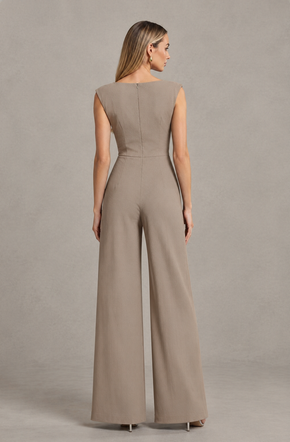 BOLODOO Taupe Sleeveless V-Neck Wide-Leg Jumpsuit with Side Drape - Taupe - Taupe_02