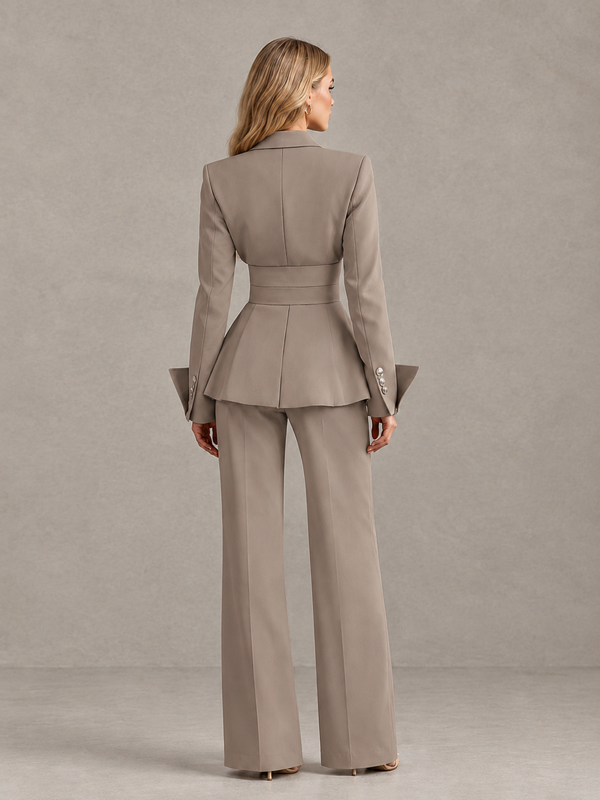 BOLODOO Taupe Belted Peplum Pantsuit with Long Sleeves & Wide-Leg Trousers - Taupe - Taupe_02