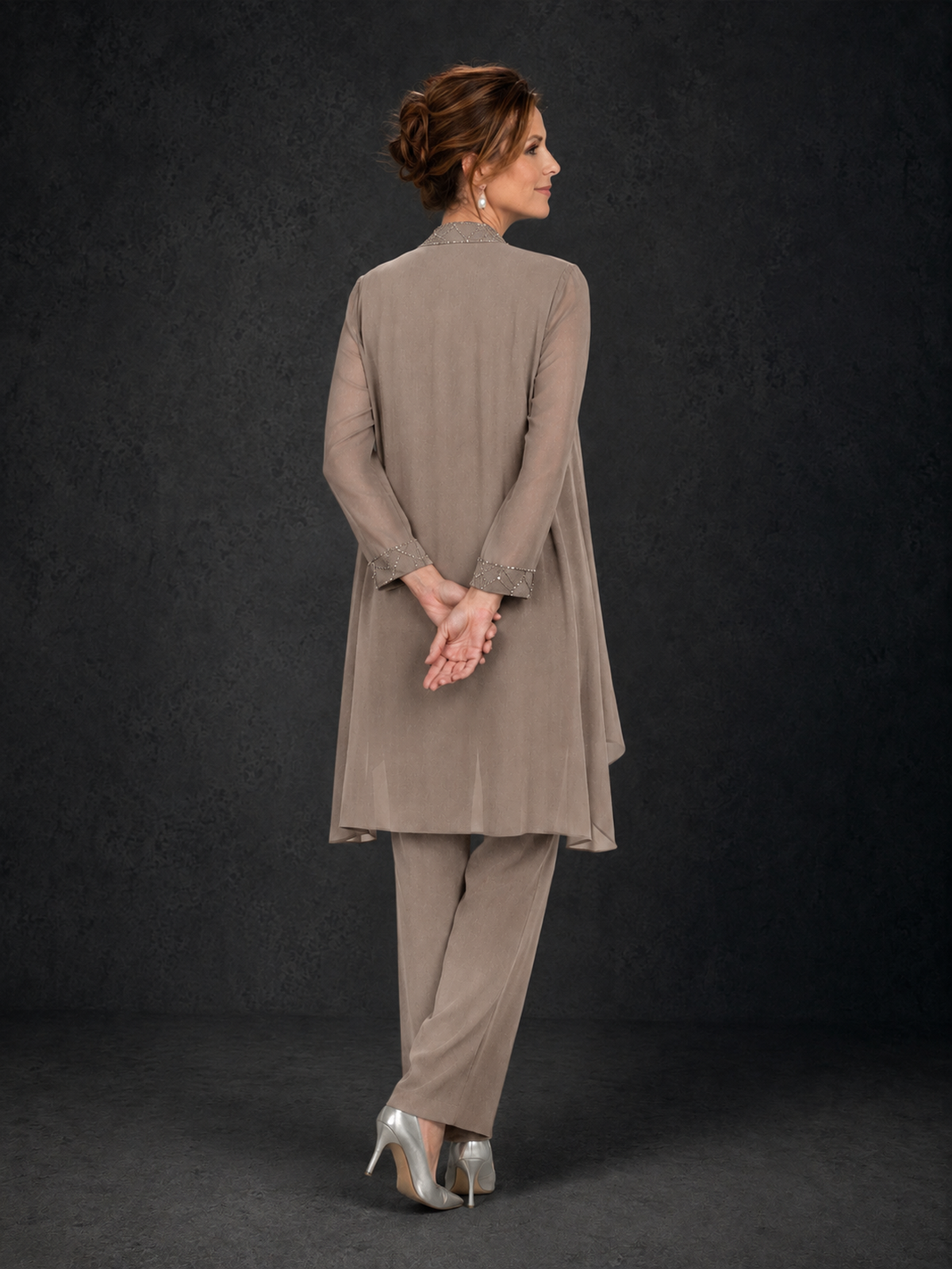 BOLODOO Taupe 3-Piece Beaded Chiffon Duster Jacket Pant Suit - Taupe - Taupe_02
