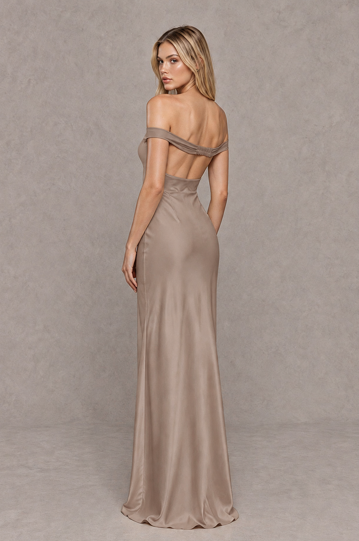 BOLODOO Taupe Off-Shoulder Open-Back Satin Evening Gown - Taupe - Taupe_02