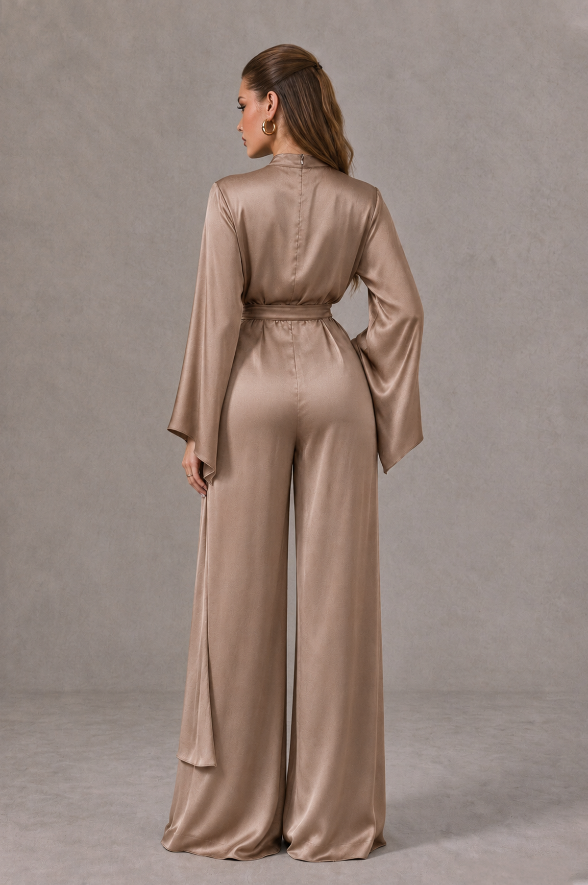 BOLODOO Taupe Satin-Look Long Sleeve Wide-Leg Jumpsuit - Taupe - Taupe_02