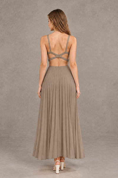 BOLODOO Taupe V-Neck Pleated Open-Back Maxi Dress - Taupe - Taupe_02