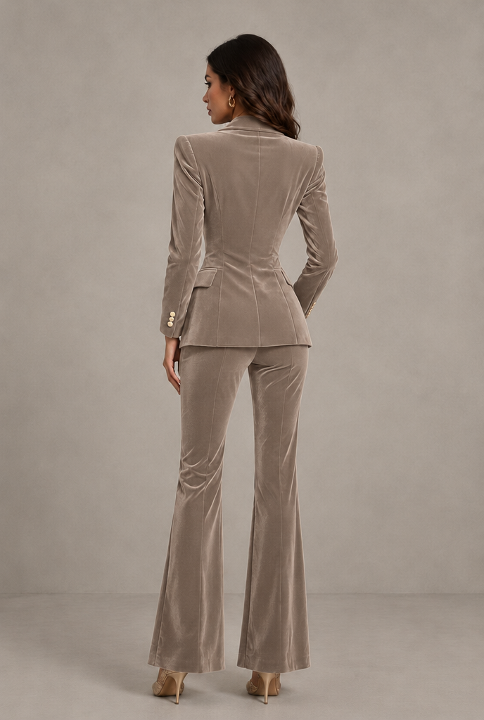 BOLODOO Taupe Velvet Double-Breasted Blazer & Pants Two-Piece Suit - Taupe - Taupe_02