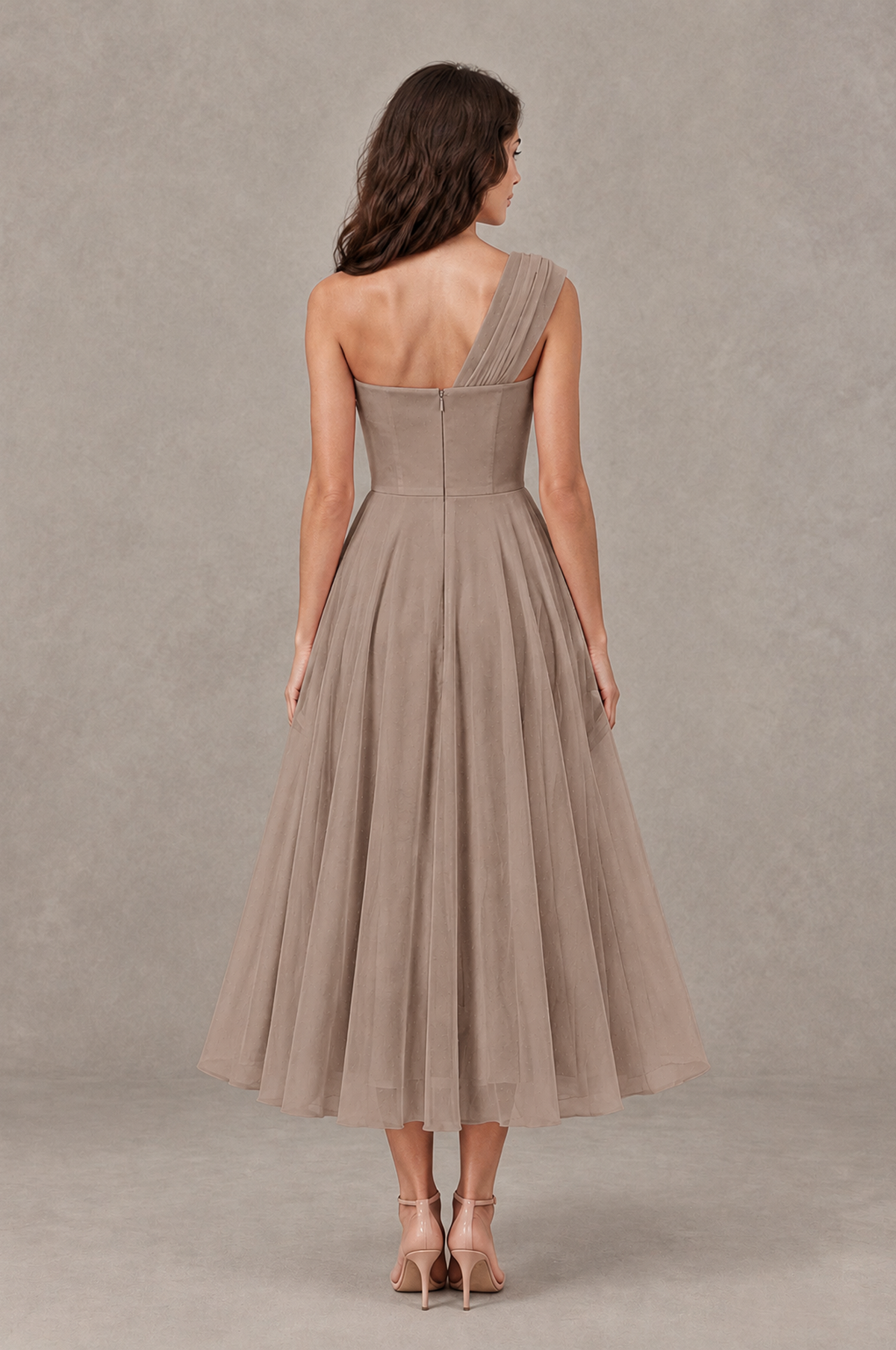 BOLODOO Taupe One-Shoulder Floral Tulle Tea-Length Dress - Taupe - Taupe_02