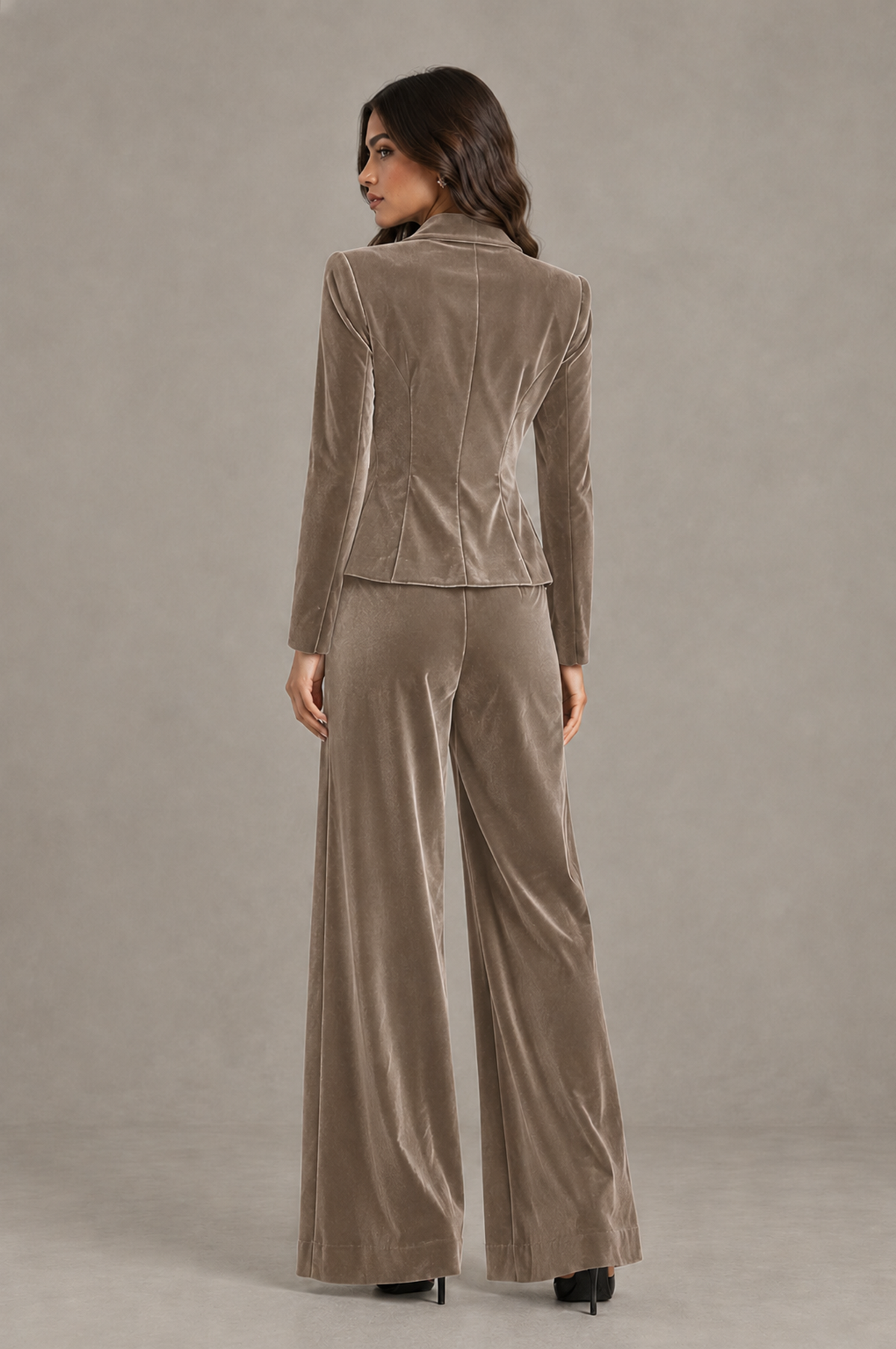 BOLODOO Taupe Velvet Two-Piece Pantsuit with Long Sleeve Blazer & Wide-Leg Trousers - Taupe - Taupe_02
