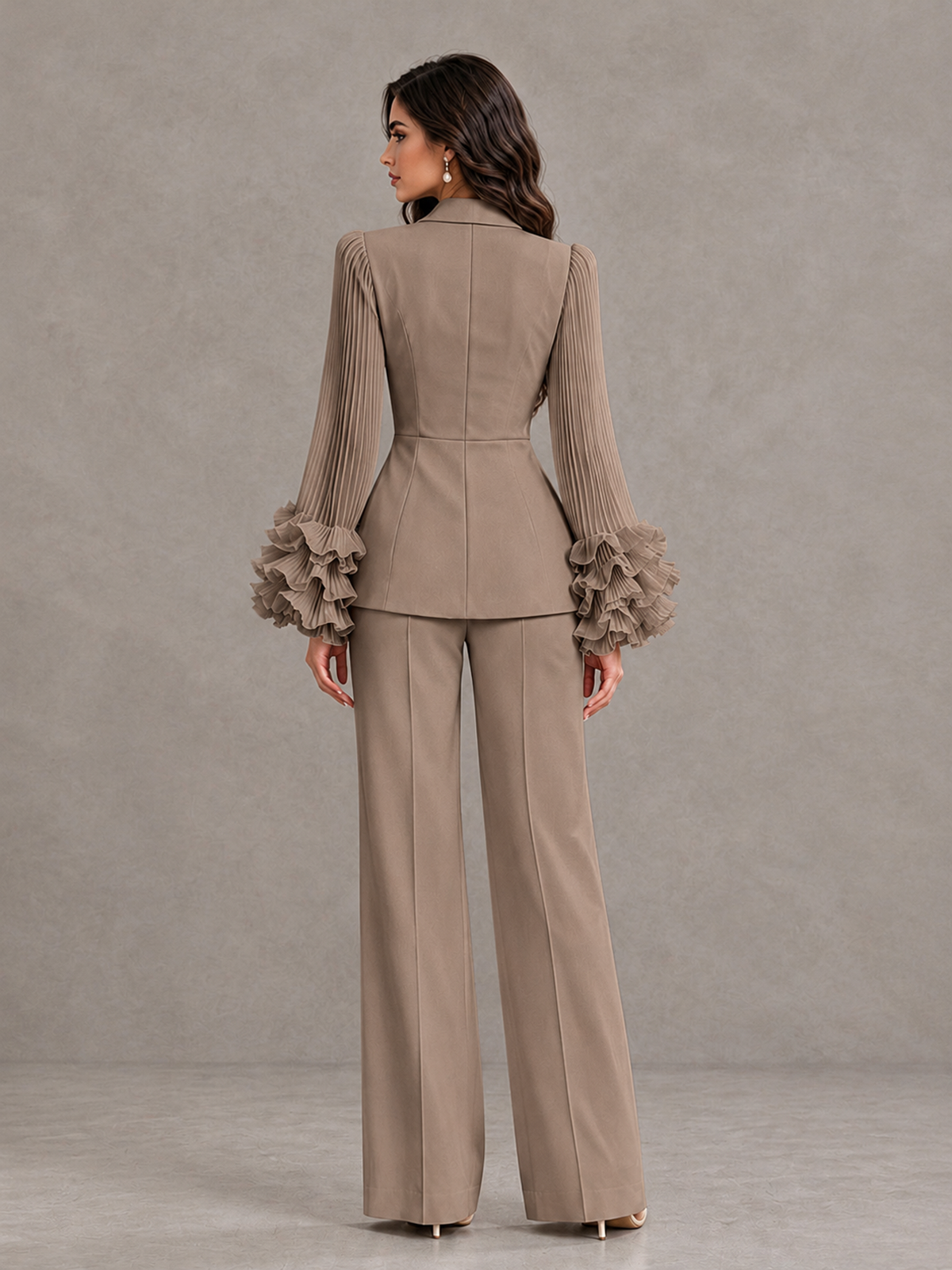 BOLODOO Taupe Mother of the Bride Pant Suit – Pleated Long Sleeve Ruffle Cuff Wide Leg Trouser Suit - Taupe - Taupe_02