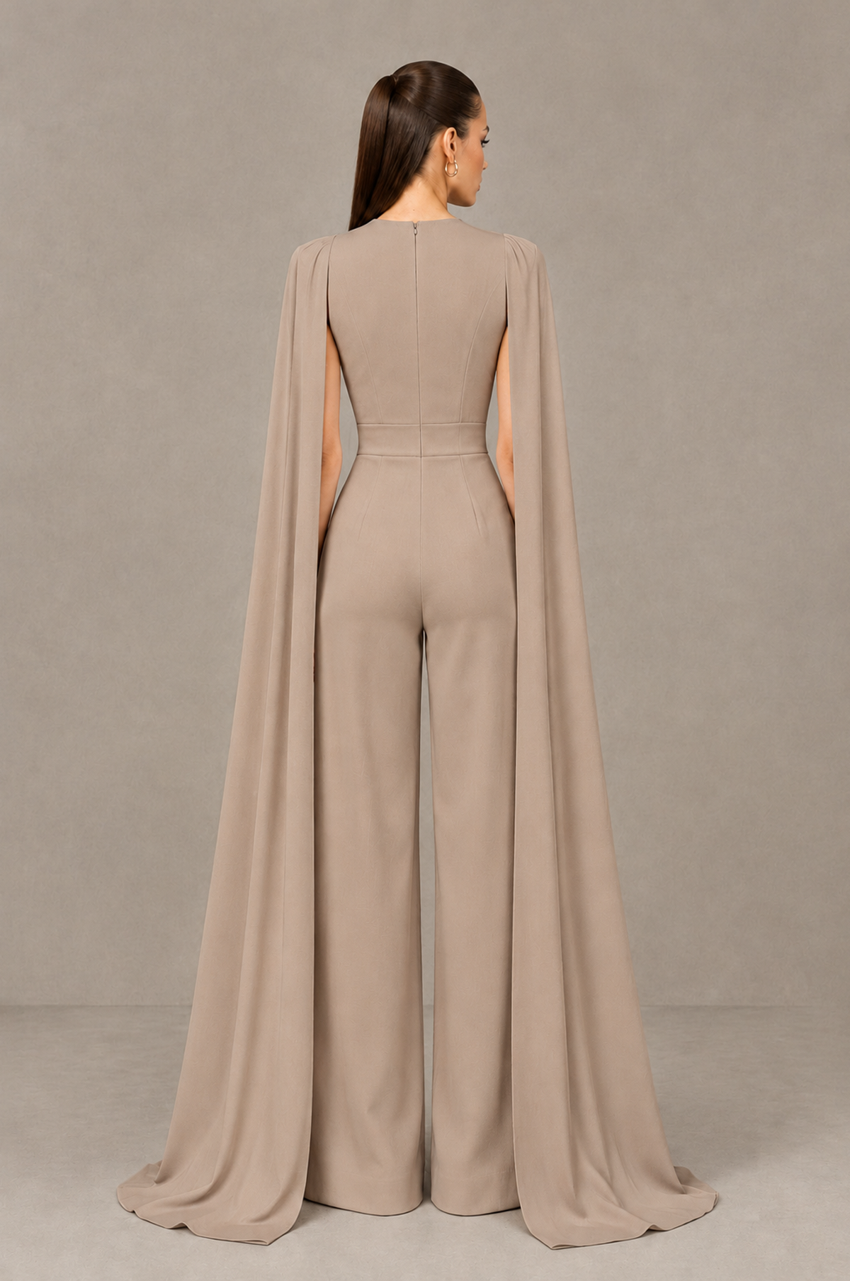 BOLODOO Taupe Deep V-Neck Cape Sleeve Bridal Jumpsuit - Taupe - Taupe_02