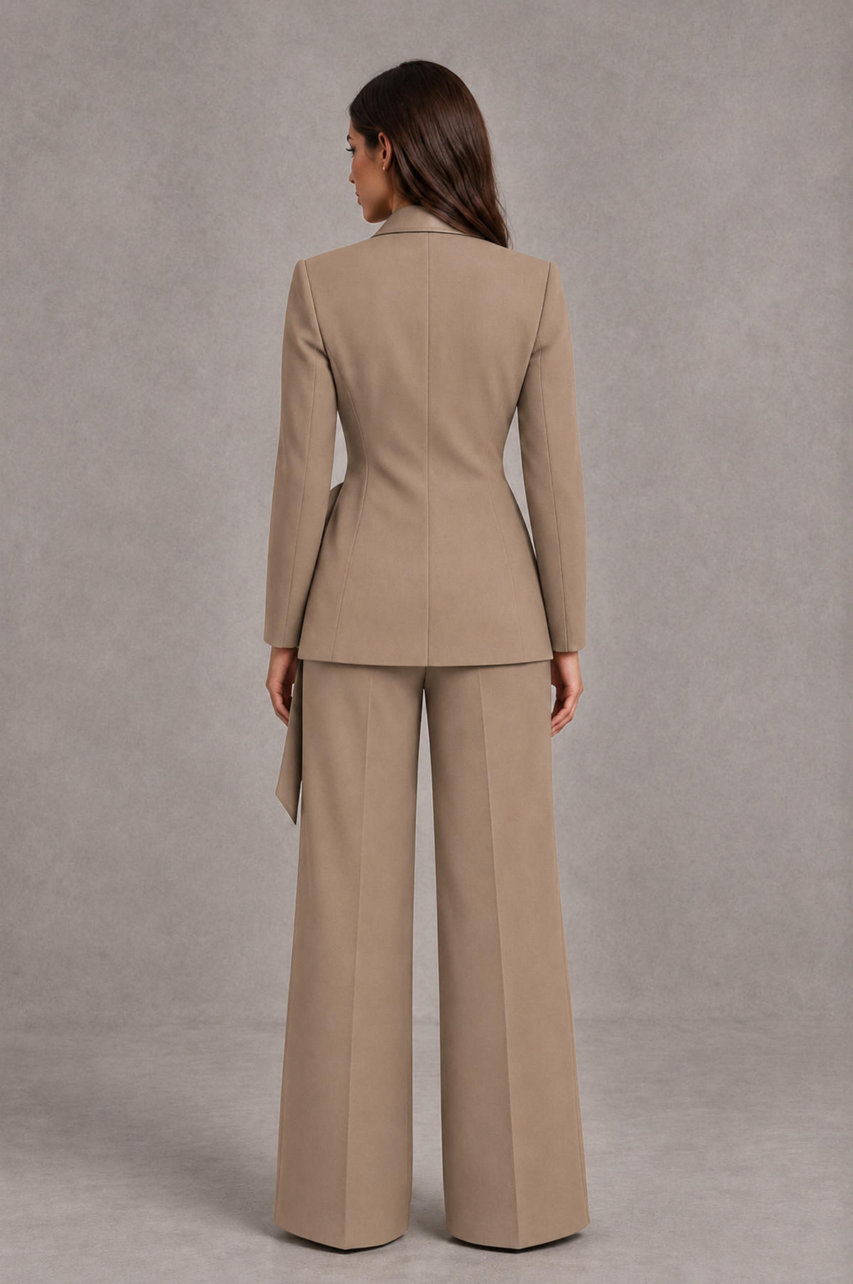 BOLODOO Taupe Tie-Waist Blazer & Wide-Leg Pantsuit - Taupe - Taupe_02