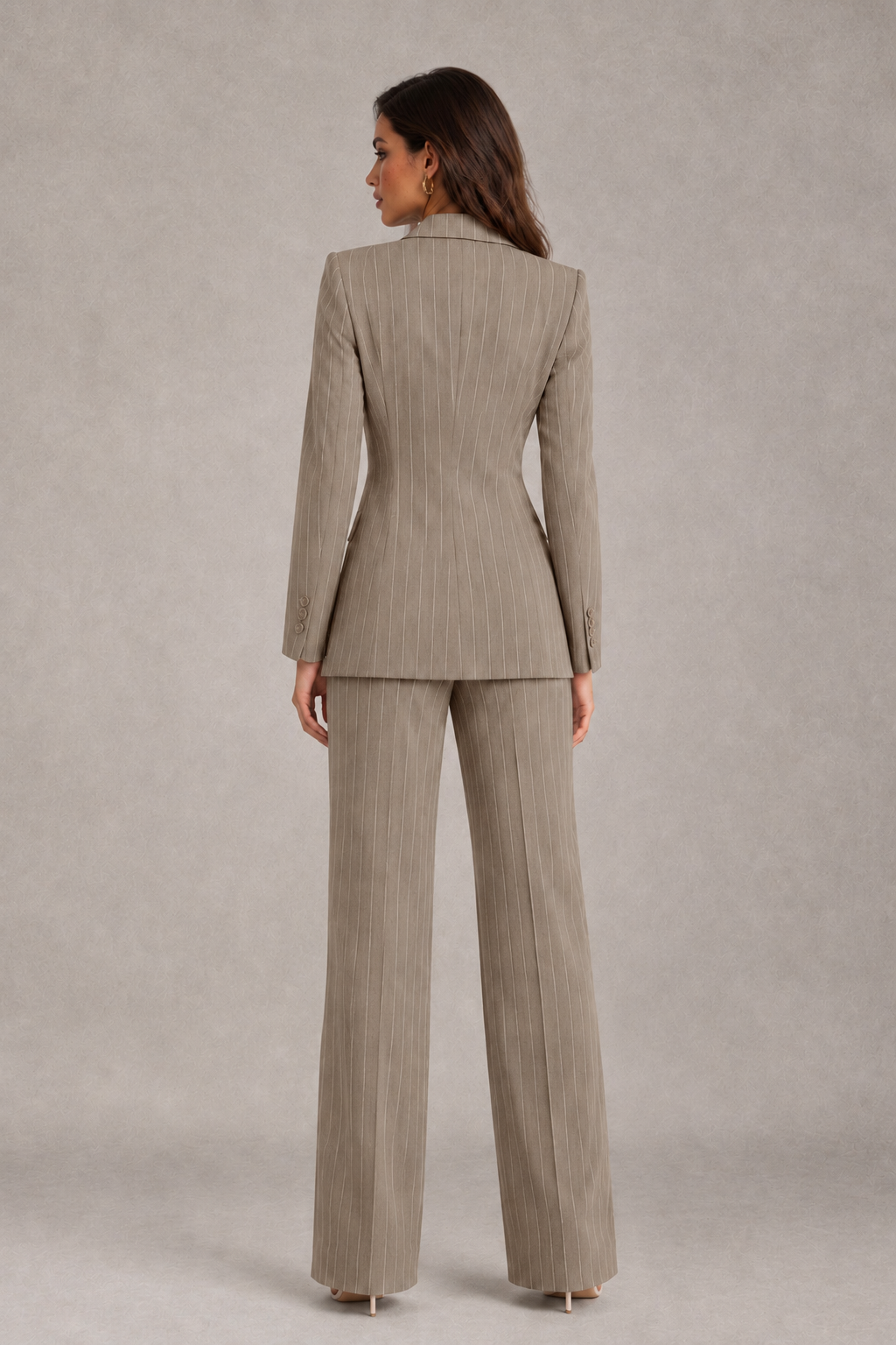 BOLODOO Women's Taupe Pinstripe Three-Piece Pantsuit with Wide-Leg Trousers - Taupe - Taupe_02