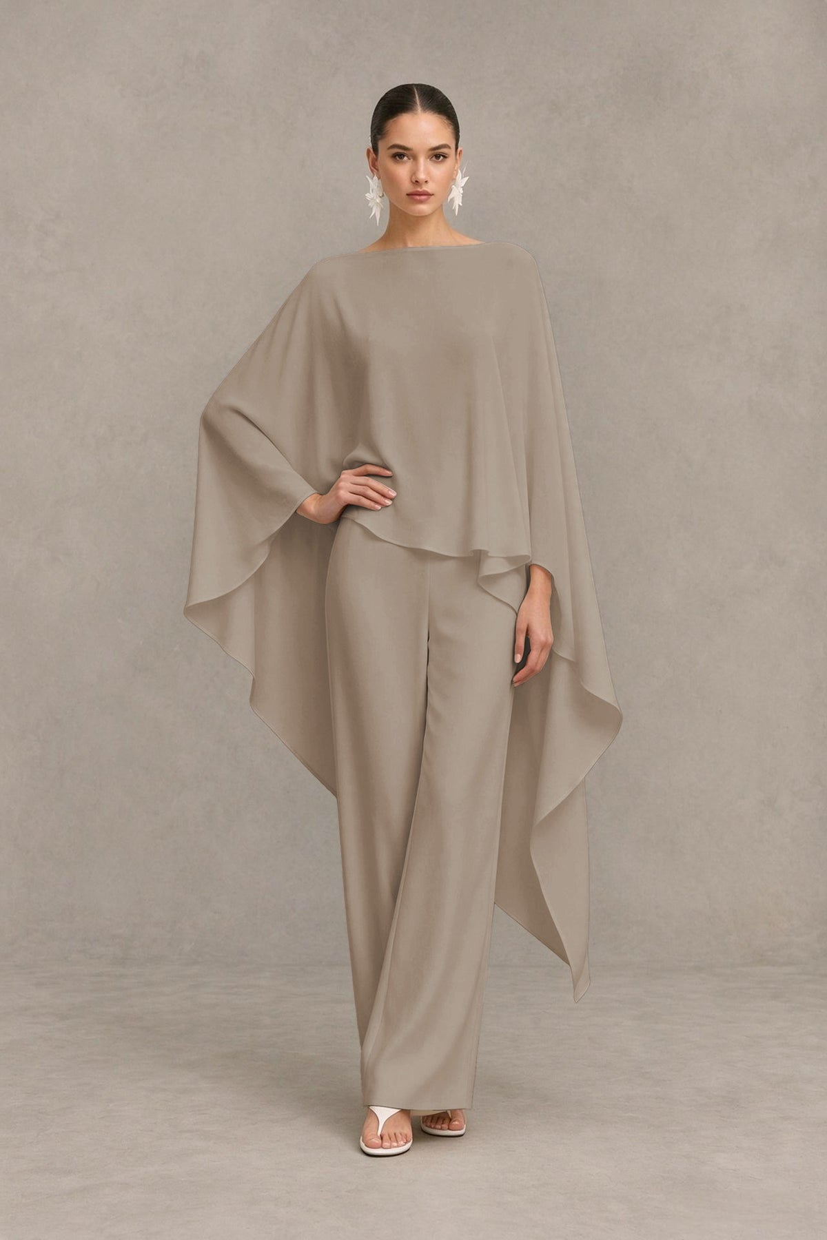 BOLODOO Taupe Cape Sleeve Wide-Leg Formal Pantsuit - Taupe - Taupe_03
