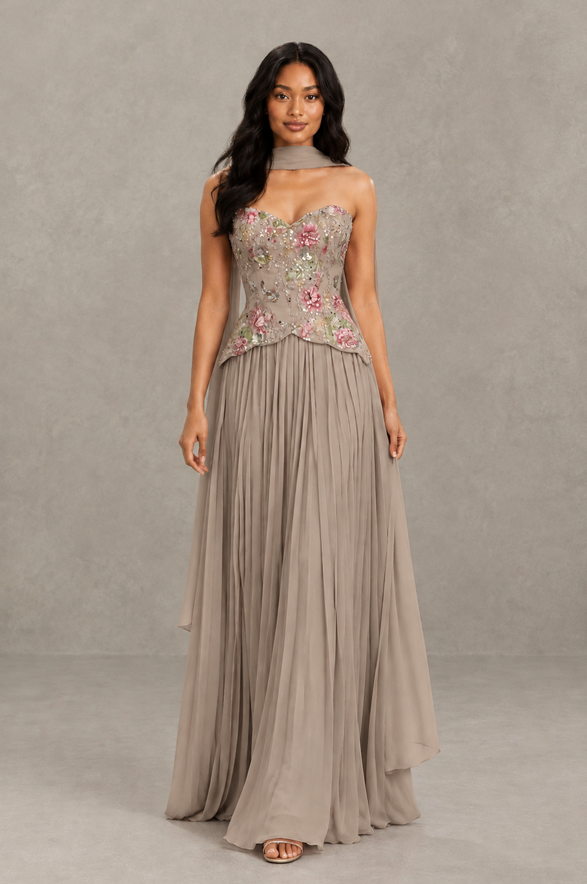 BOLODOO Taupe Strapless Beaded Floral Corset Chiffon Maxi Gown – Open Back Prom & Formal Evening Dress - Taupe - Taupe_03