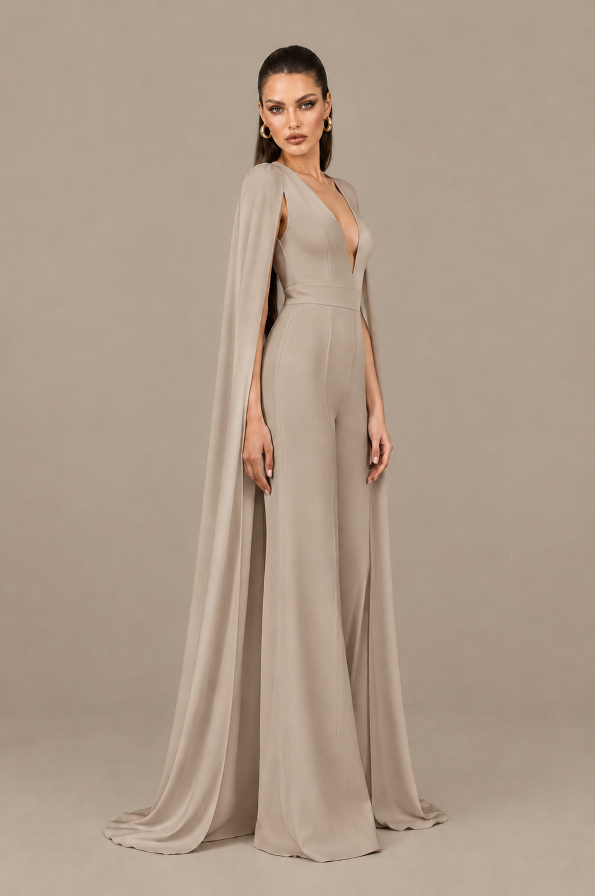 BOLODOO Taupe Deep V-Neck Cape Sleeve Bridal Jumpsuit - Taupe - Taupe_03