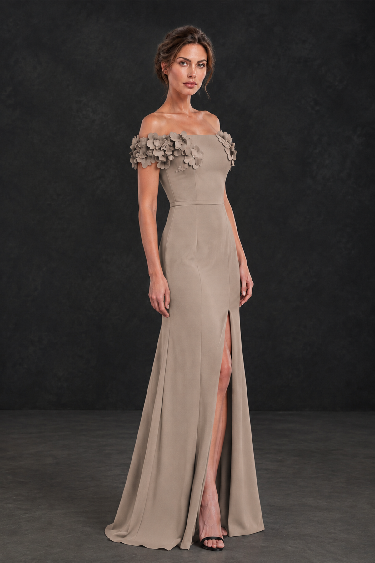BOLODOO Taupe Off-the-Shoulder Mother of the Bride Dress with Floral Appliques - Taupe - Taupe_03