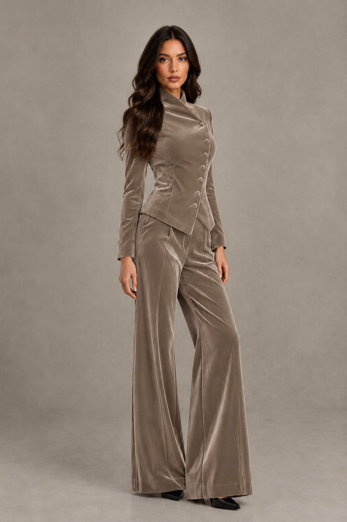 BOLODOO Taupe Velvet Two-Piece Pantsuit with Long Sleeve Blazer & Wide-Leg Trousers - Taupe - Taupe_03