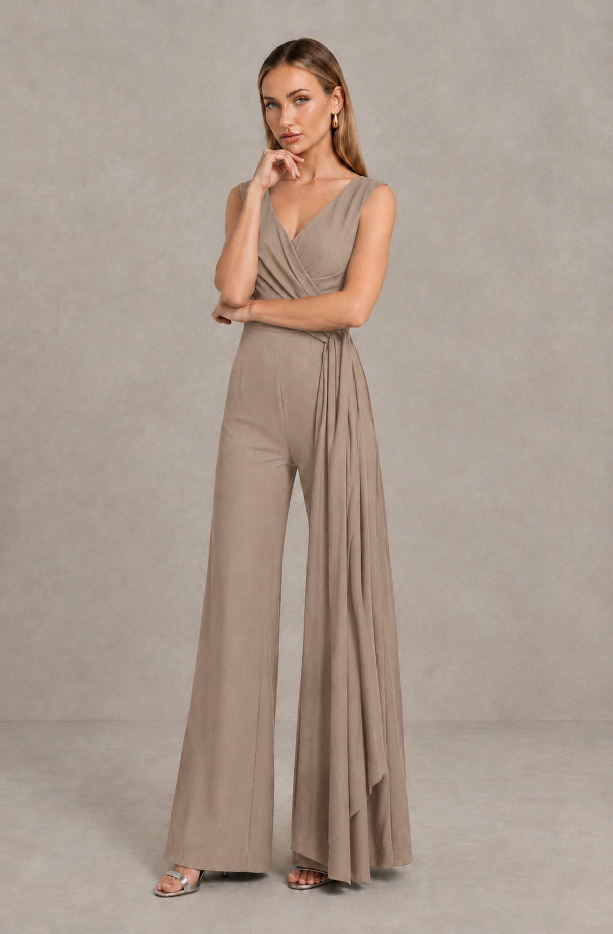 BOLODOO Taupe Sleeveless V-Neck Wide-Leg Jumpsuit with Side Drape - Taupe - Taupe_03